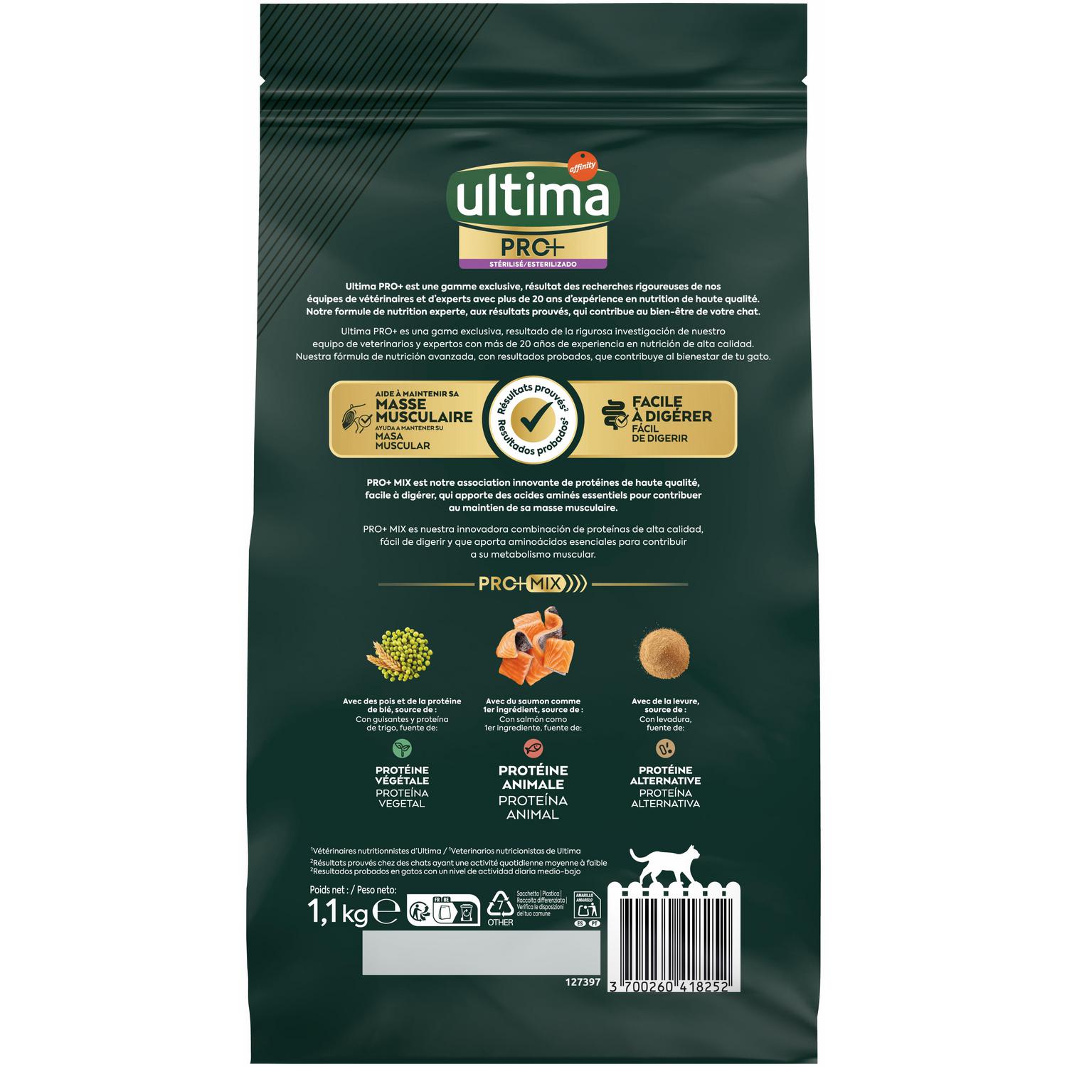 Pienso esterilizado de salmón para gatos adultos Ultima PRO+  1,1 kg.