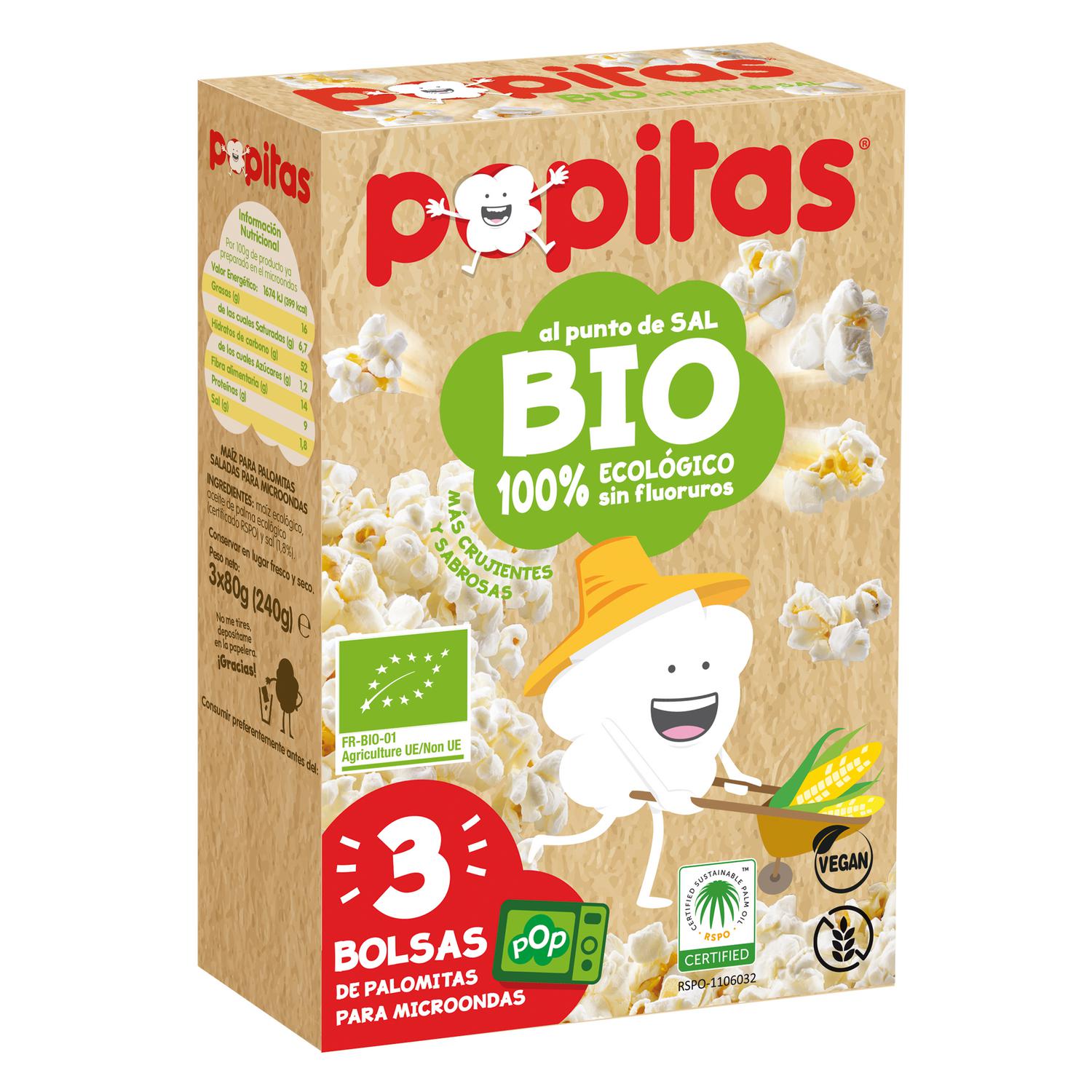 Palomitas al punto de sal ecológicas Popitas sin gluten pack de 3 unidades de 80 g.