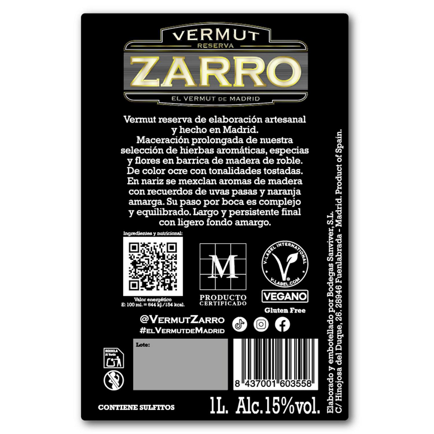 Vermut Zarro reserva especial sin gluten 1 l.