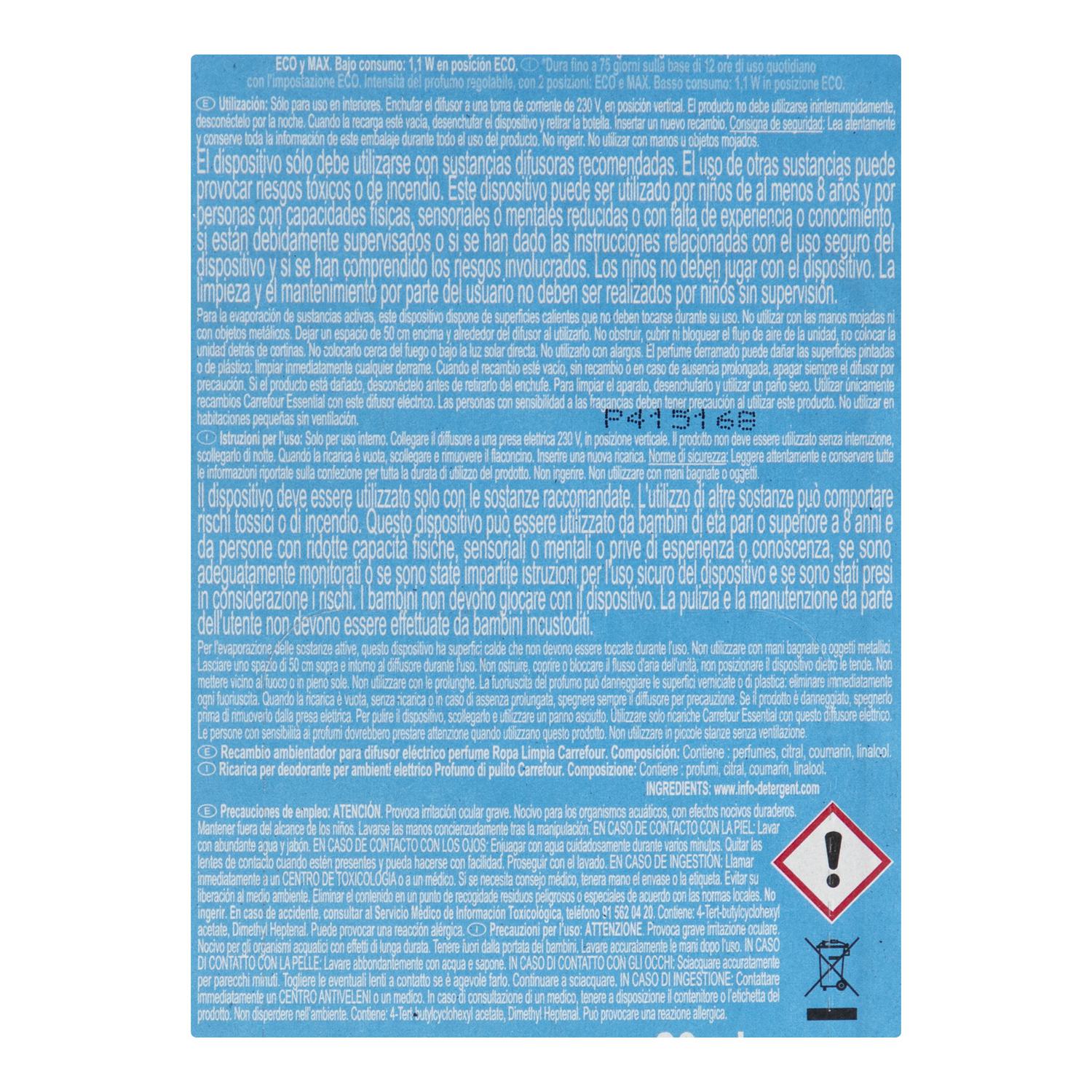 Ambientador difusor eléctrico ropa limpia Essential aparato y recambio Carrefour 1 ud.
