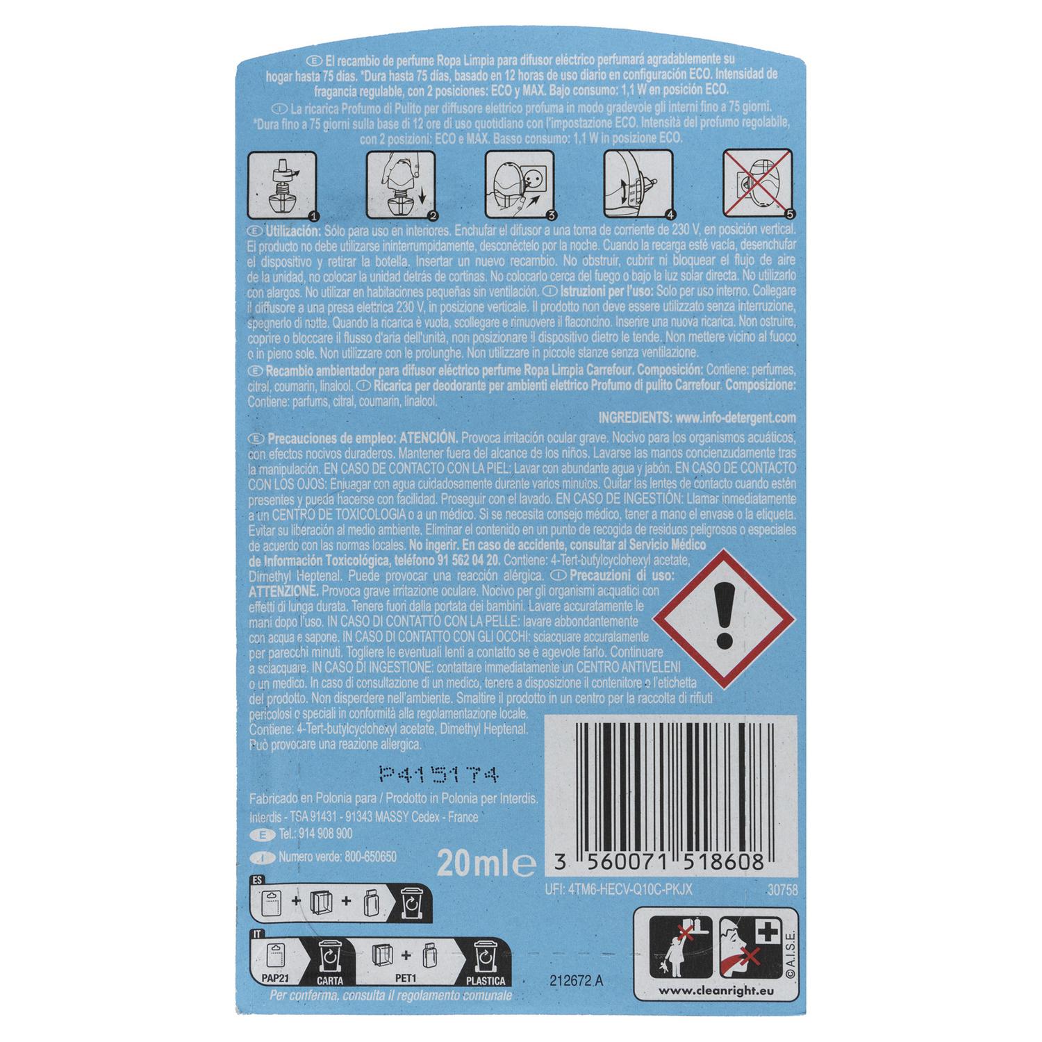 Ambientador eléctrico ropa limpia Essential recambio Carrefour 1 ud.