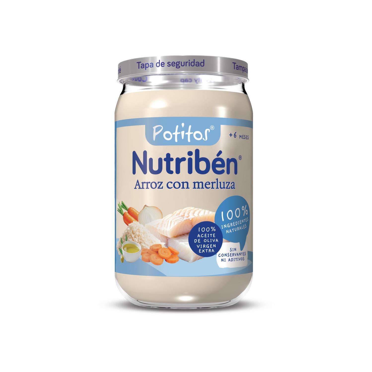 Tarrito de suprema de merluza con arroz desde 6 meses Nutribén Potitos sin gluten 235 g.