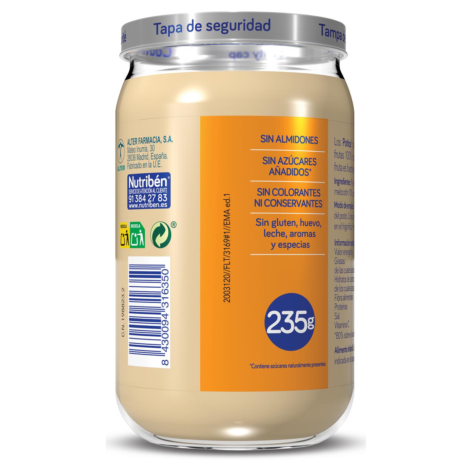Tarrito de frutas variadas desde 6 meses Nutribén Potitos sin gluten sin azúcar añadido 235 g.
