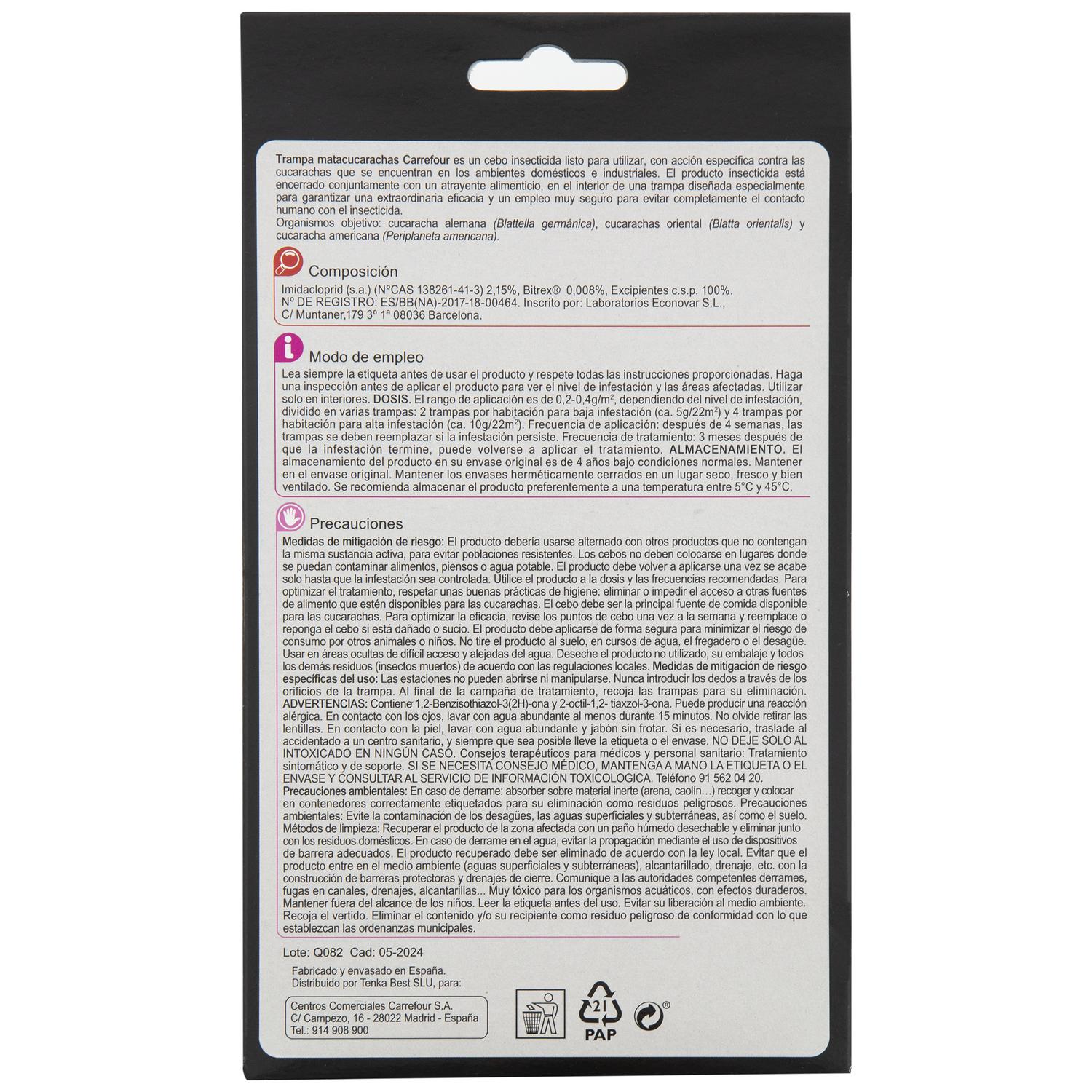 Trampa mata cucarachas Carrefour pack de 6 unidades de 2,5 g.