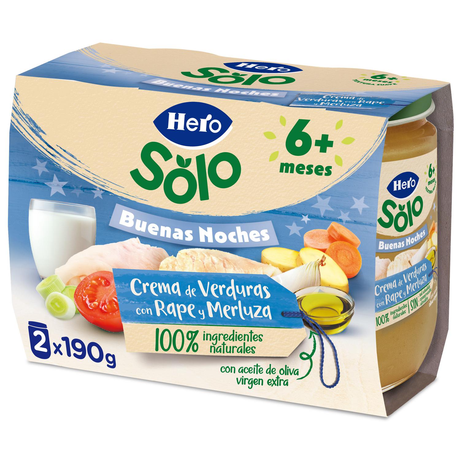 Tarrito de crema de verduras con rape desde 8 meses buenas noches Hero Baby pack de 2 unidades de 190 g.