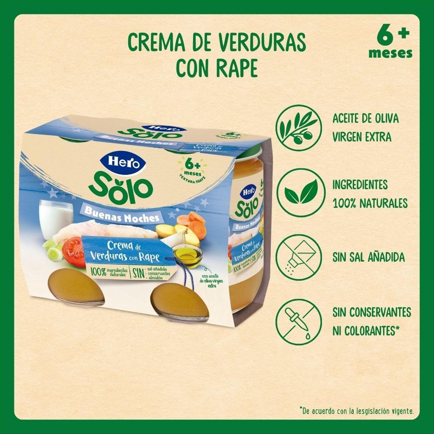 Tarrito de crema de verduras con rape desde 8 meses buenas noches Hero Baby pack de 2 unidades de 190 g.