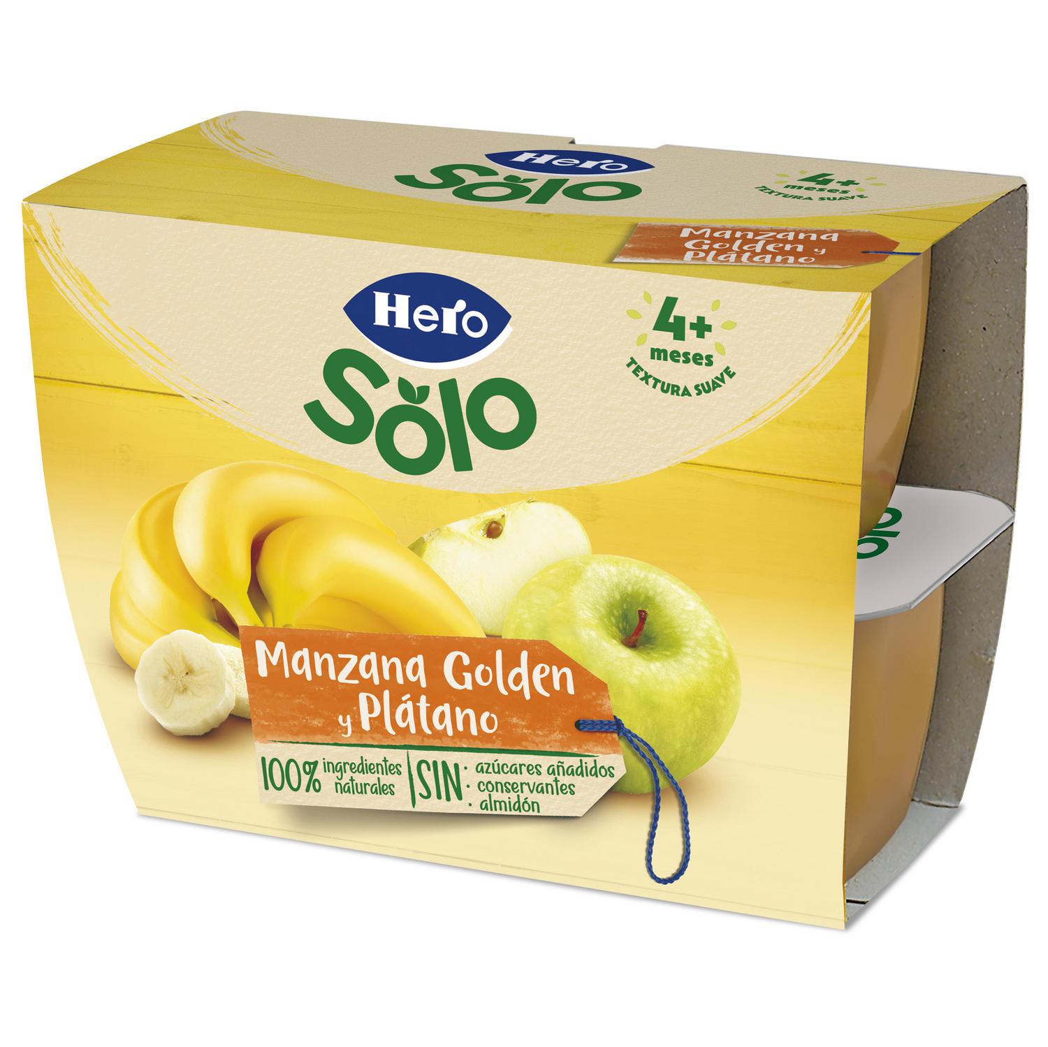 Tarrito de manzana golden y plátano 4 meses Hero Solo sin gluten pack 4 unidades 100 g.