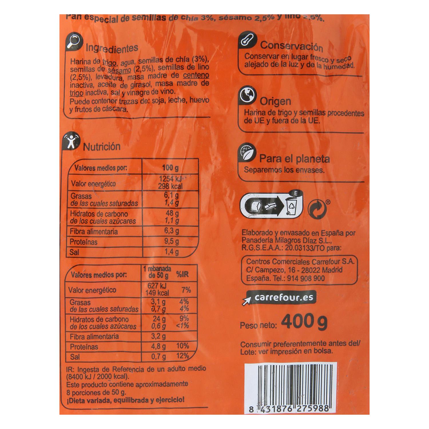 Pan de hogaza de semillas de chía, sésamo y lino Carrefour 400 g.