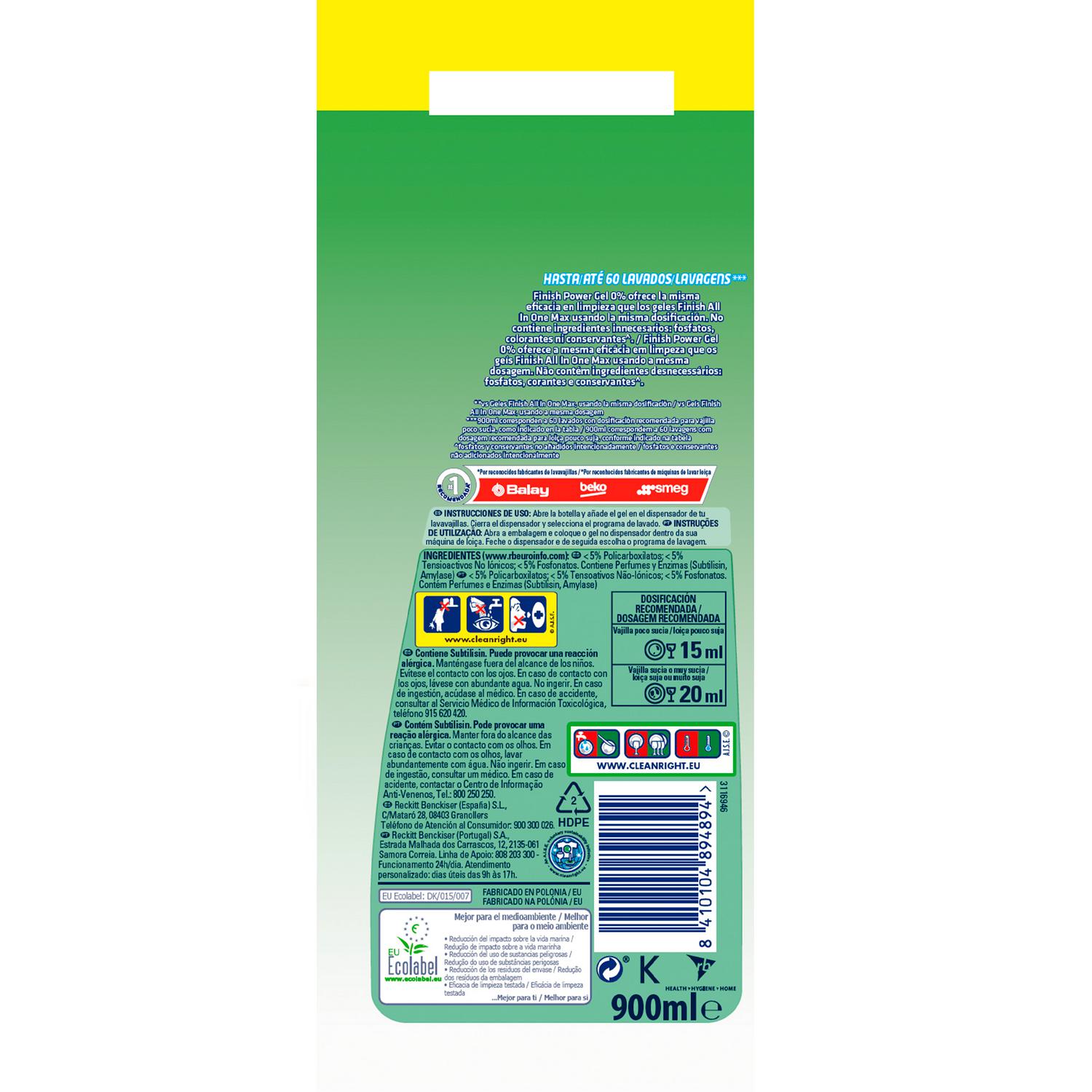 Lavavajillas a máquina en gel ecológico 0% Finish 50 lavados
