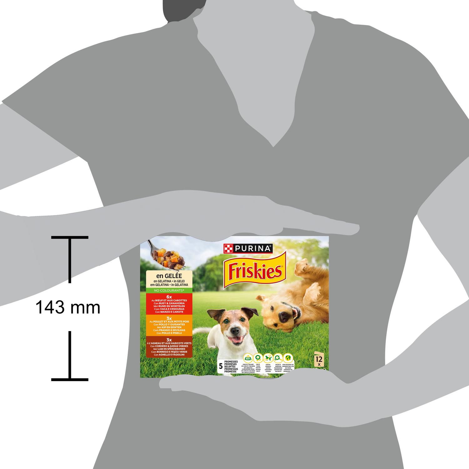 Comida húmeda de buey, pollo y cordero en gelatina para perros Purina Friskies 12x85 g.