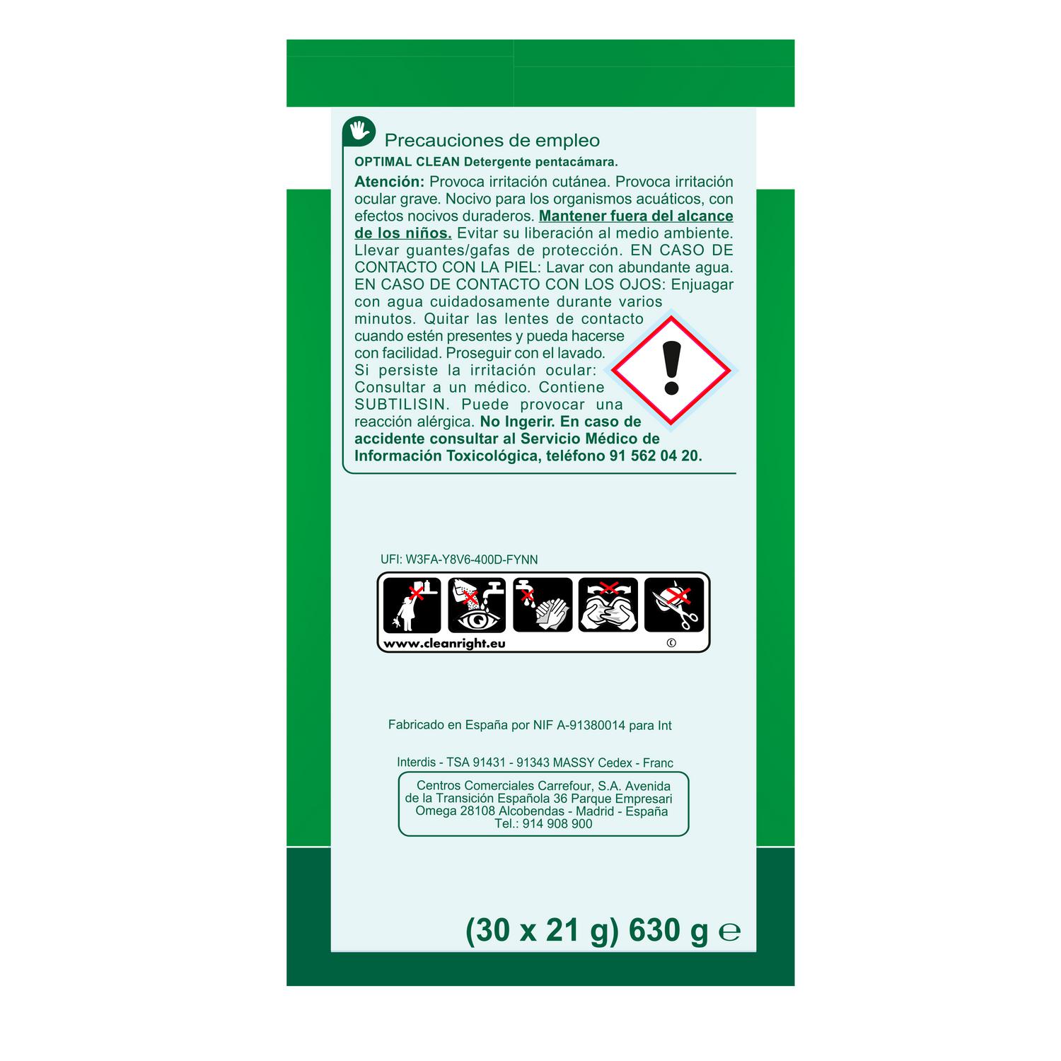 Detergente en capsulas 5en1 optima clean Expert Carrefour 30 lavados.