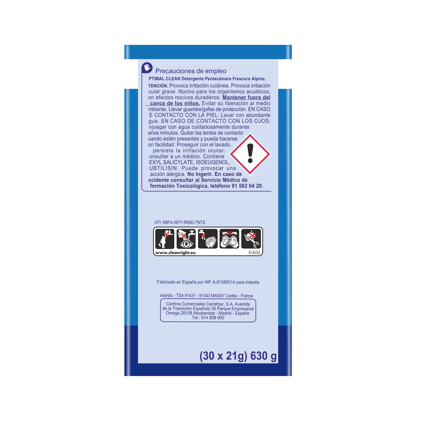 Detergente en capsulas 5en1 optimal clean frescura alpina Expert Carrefour 30 lavados.