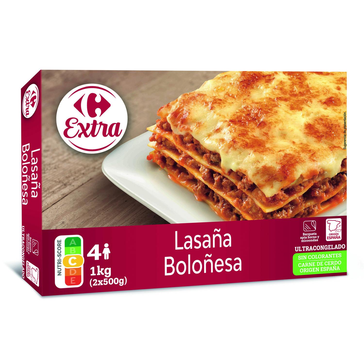 Lasaña boloñesa Carrefour pack de 2 unidades de 500 g.