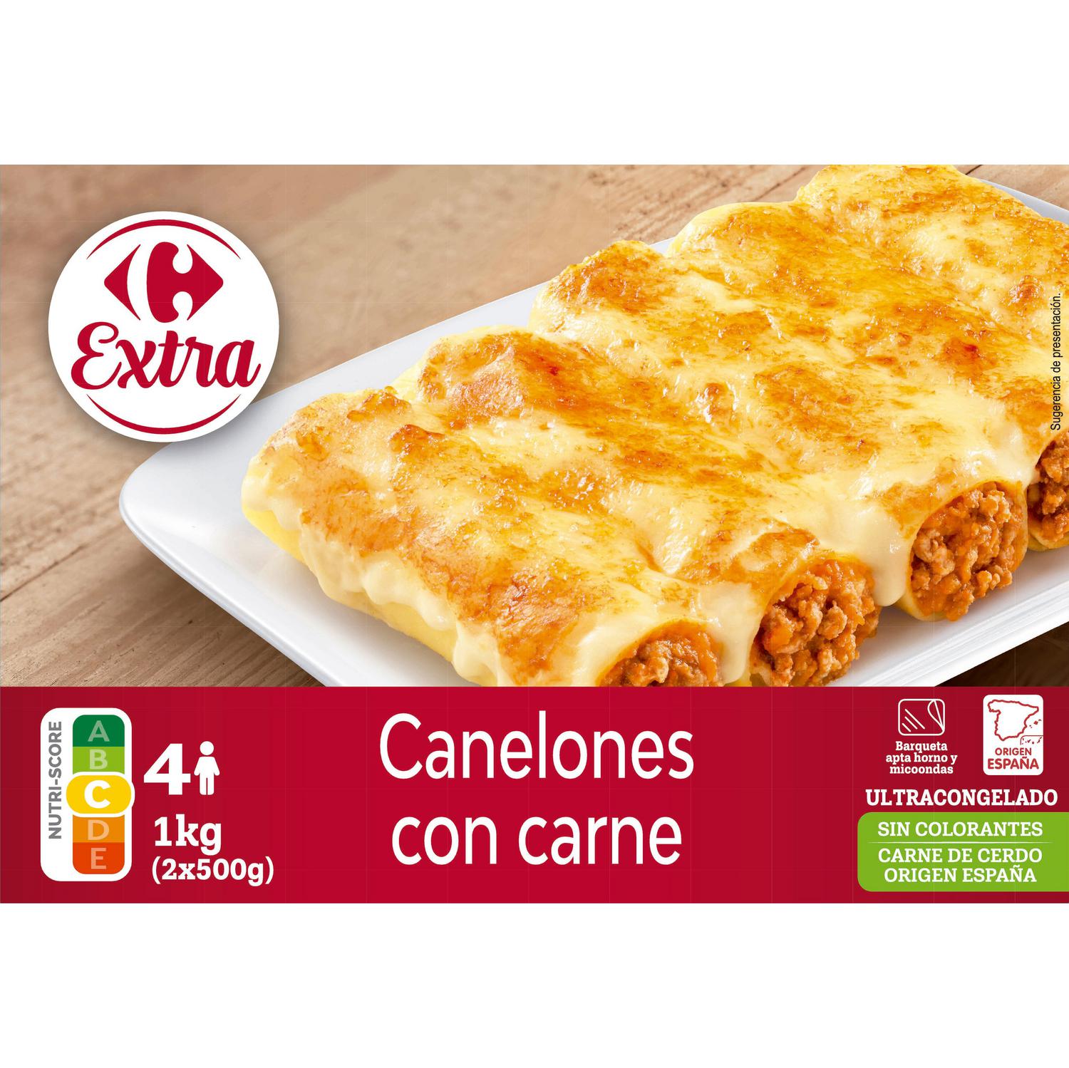 Canelones con carne de cerdo Carrefour Extra pack de 2 unidades de 500 g.