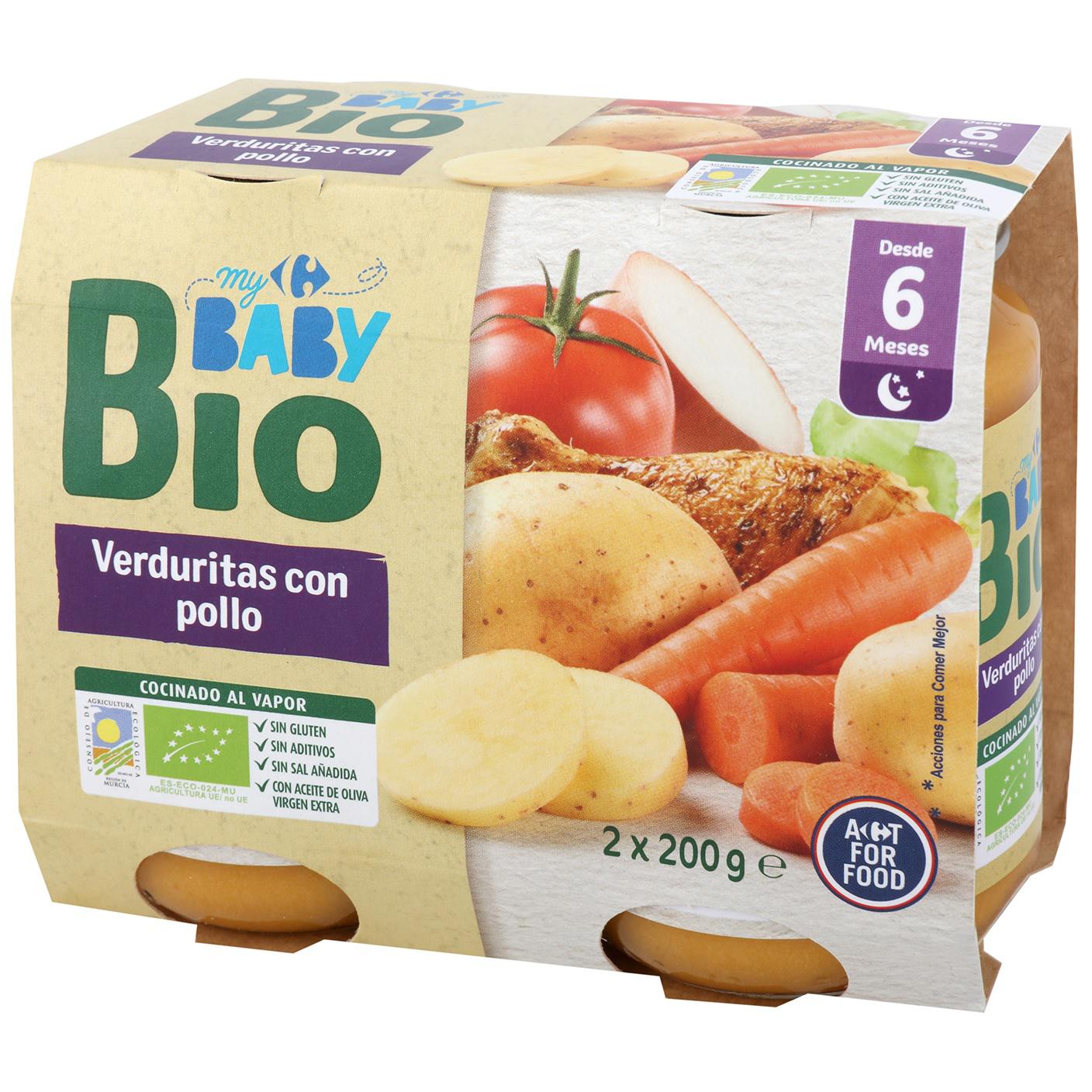 Tarrito de verduritas con pollo desde 6 meses ecológico My Carrefour Baby Bio sin gluten pack de 2 unidades de 200 g