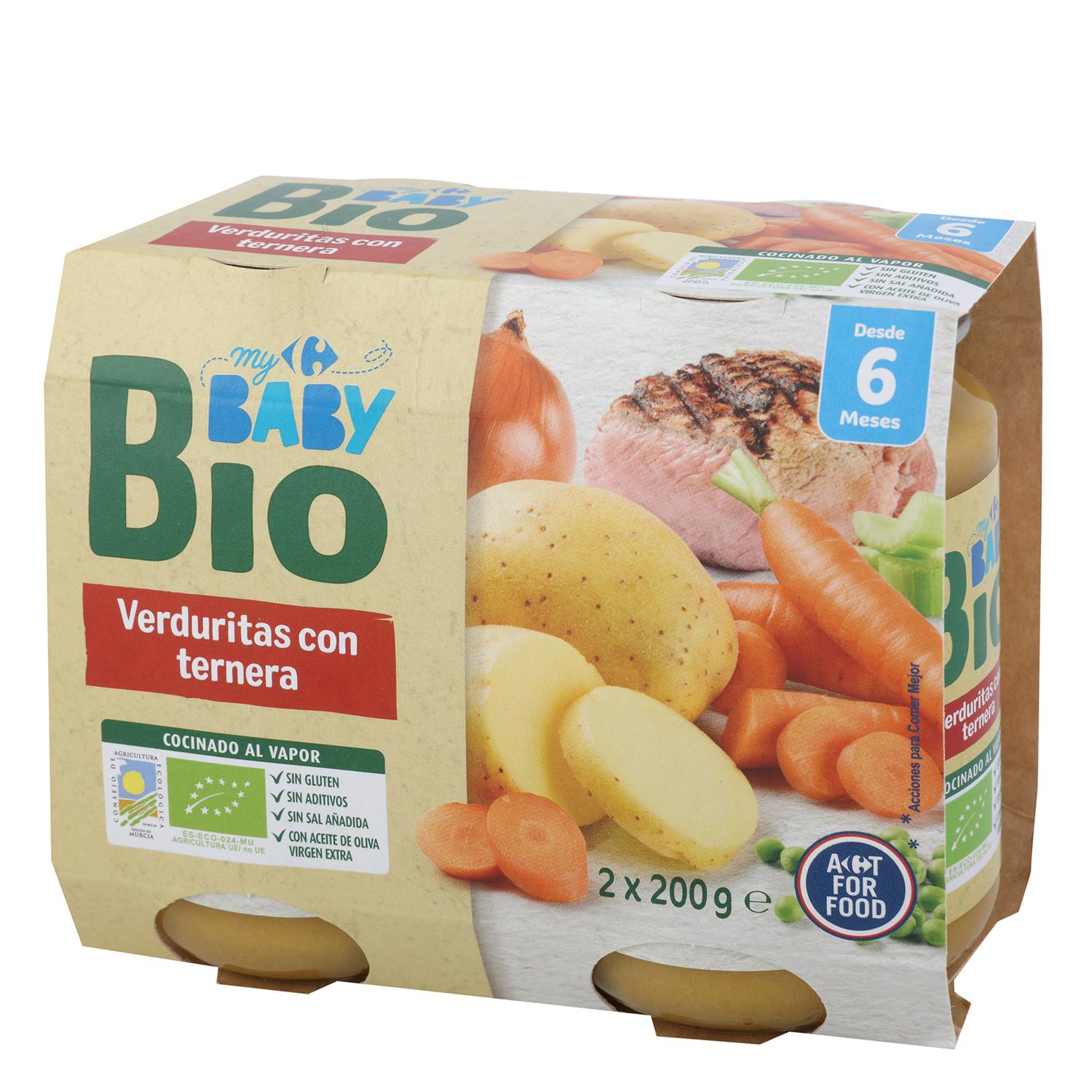 Tarrito de verduritas con ternera desde 6 meses ecológico My Carrefour Baby Bio sin gluten pack de 2 unidades de 200 g
