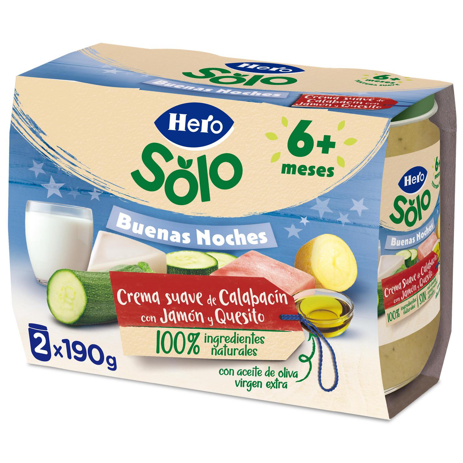 Tarrito de crema suave de calabacín con jamón y quesito desde 6 meses Hero Baby sin gluten pack de 2 unidades de 190 g.