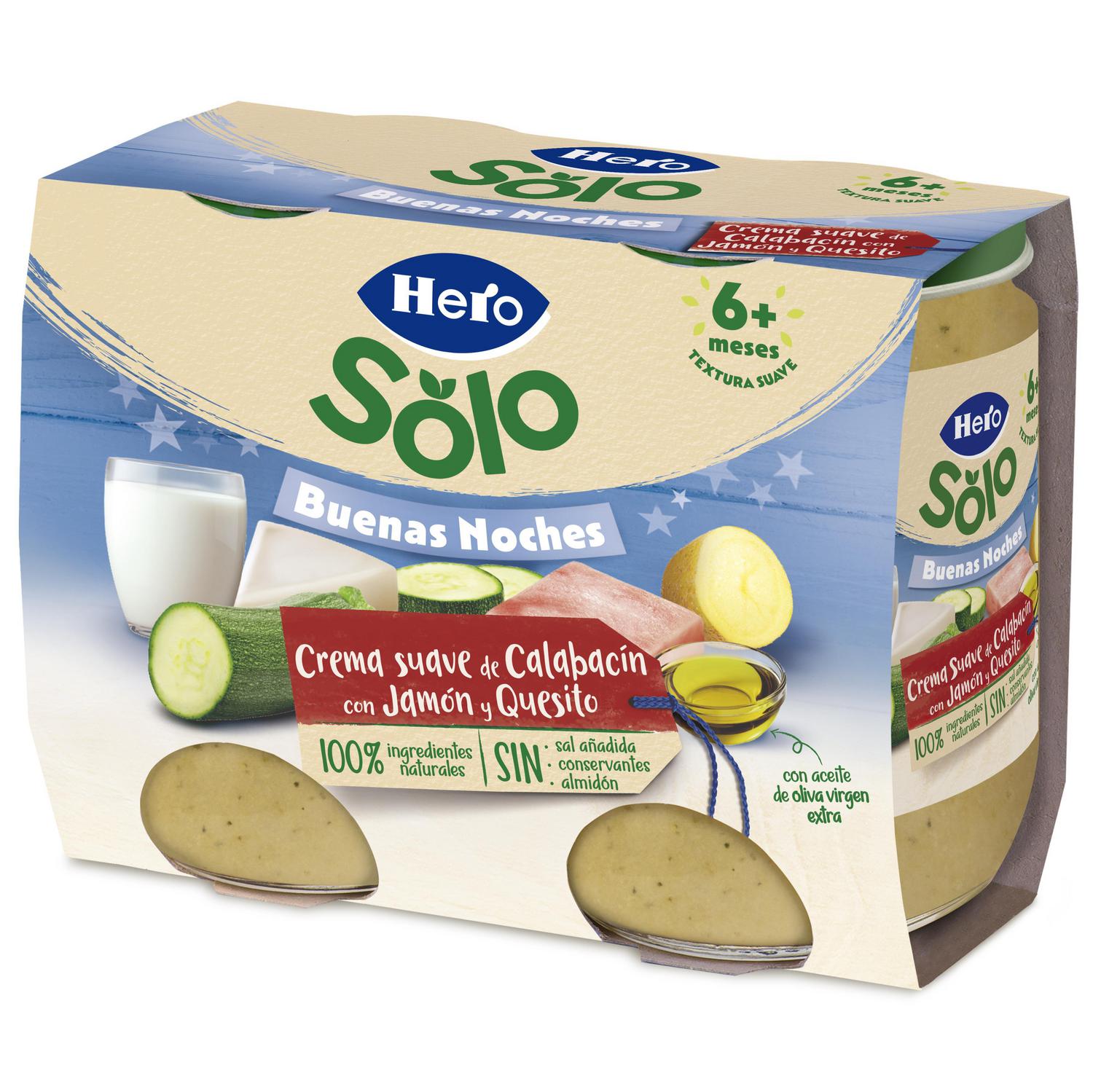 Tarrito de crema suave de calabacín con jamón y quesito desde 6 meses Hero Baby sin gluten pack de 2 unidades de 190 g.