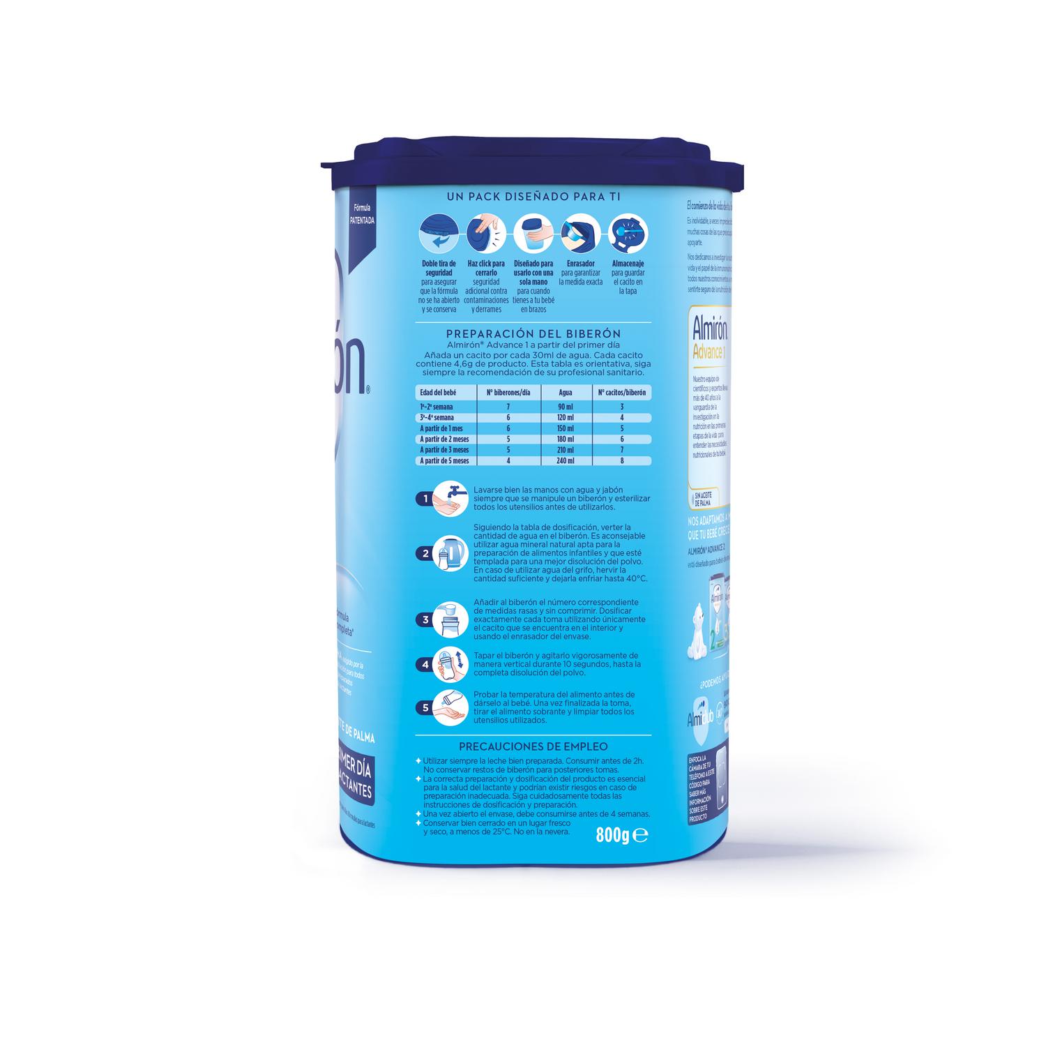 Leche infantil para lactantes desde el primer día en polvo Almirón Advance 1 sin aceite de palma lata 800 g.