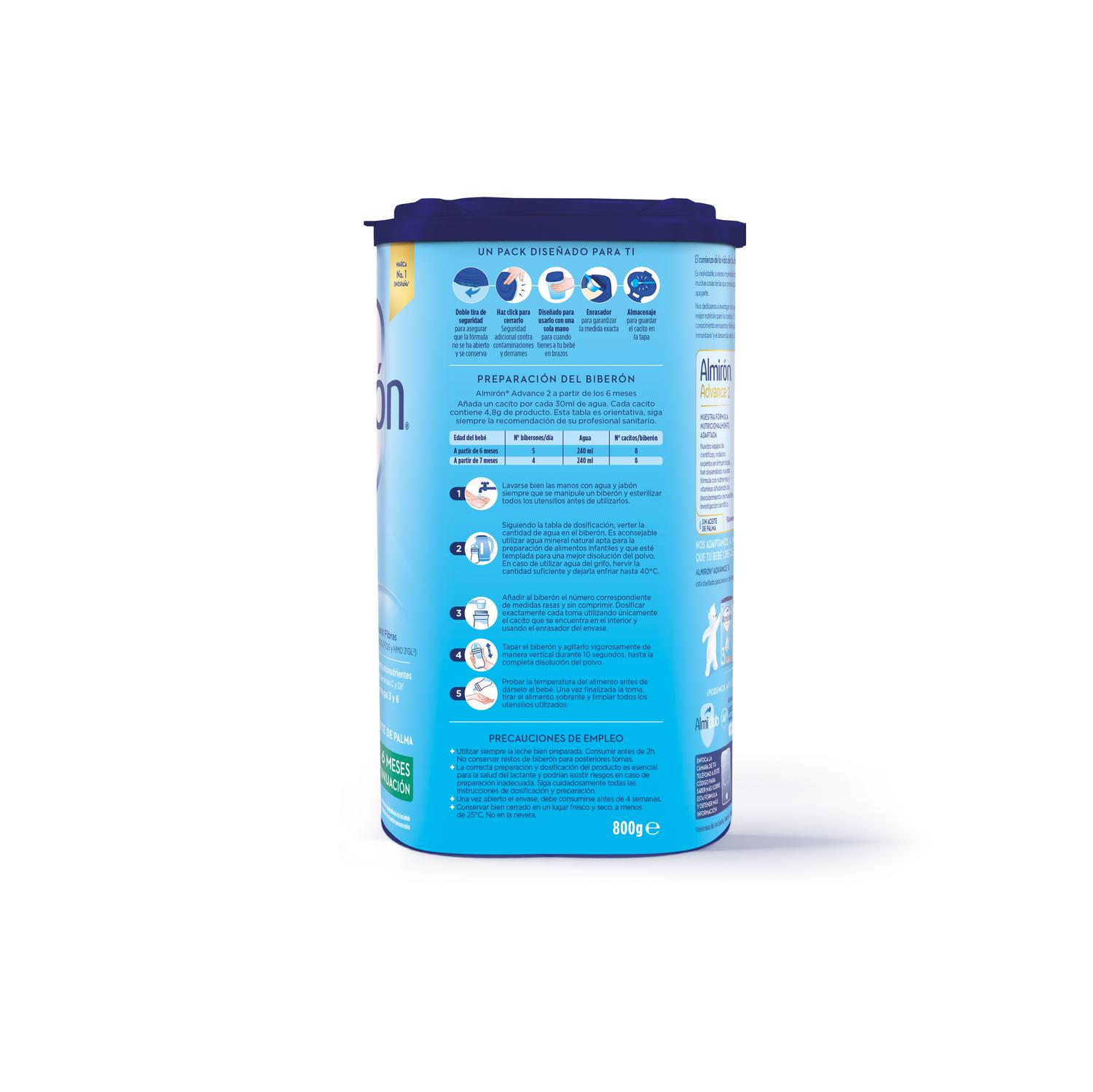 Leche infantil de continuación desde 6 meses en polvo Almirón Advance 2 sin aceite de palma lata 800 g.
