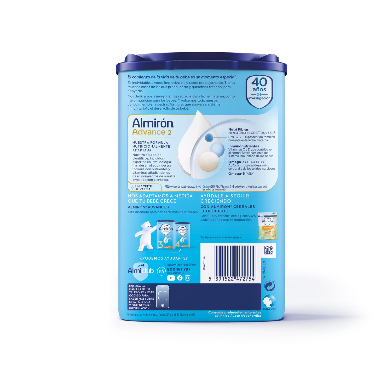 Leche infantil de continuación desde 6 meses en polvo Almirón Advance 2 sin aceite de palma lata 800 g.