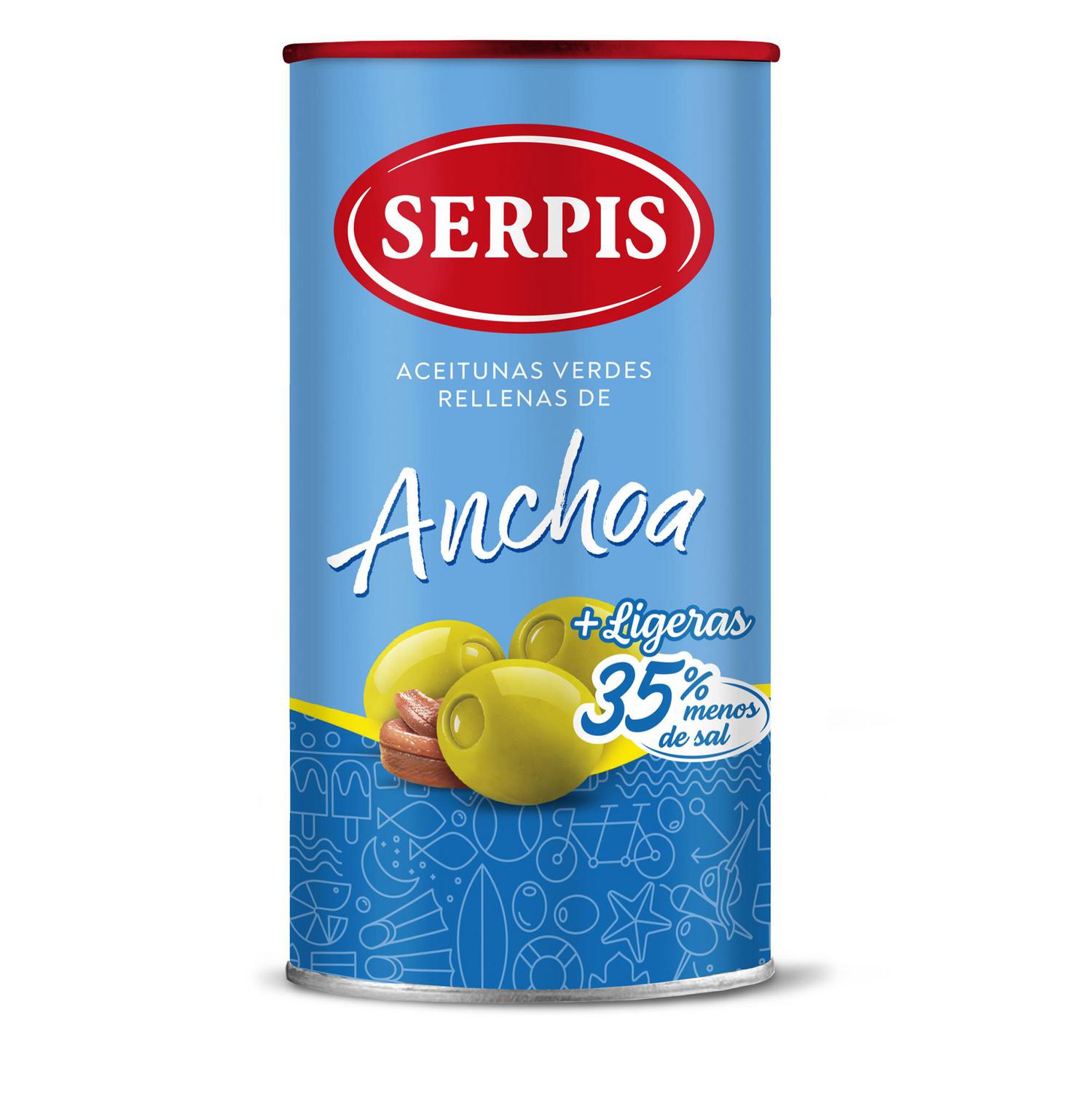Aceitunas verdes rellenas de anchoa 35% menos de sal Ligeras Serpis sin gluten y sin lactosa 150 g.