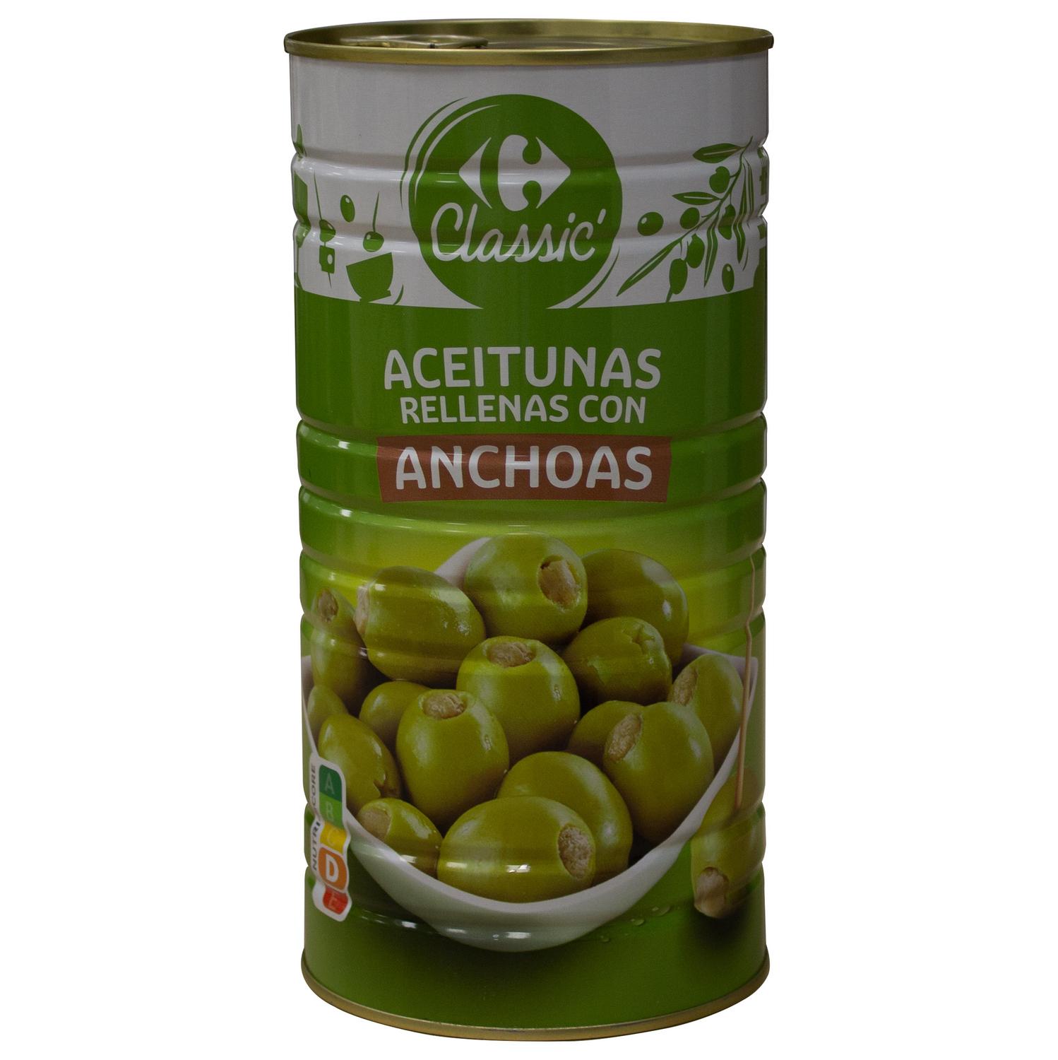 Aceitunas verdes rellenas de anchoa Classic Carrefour 600 g.
