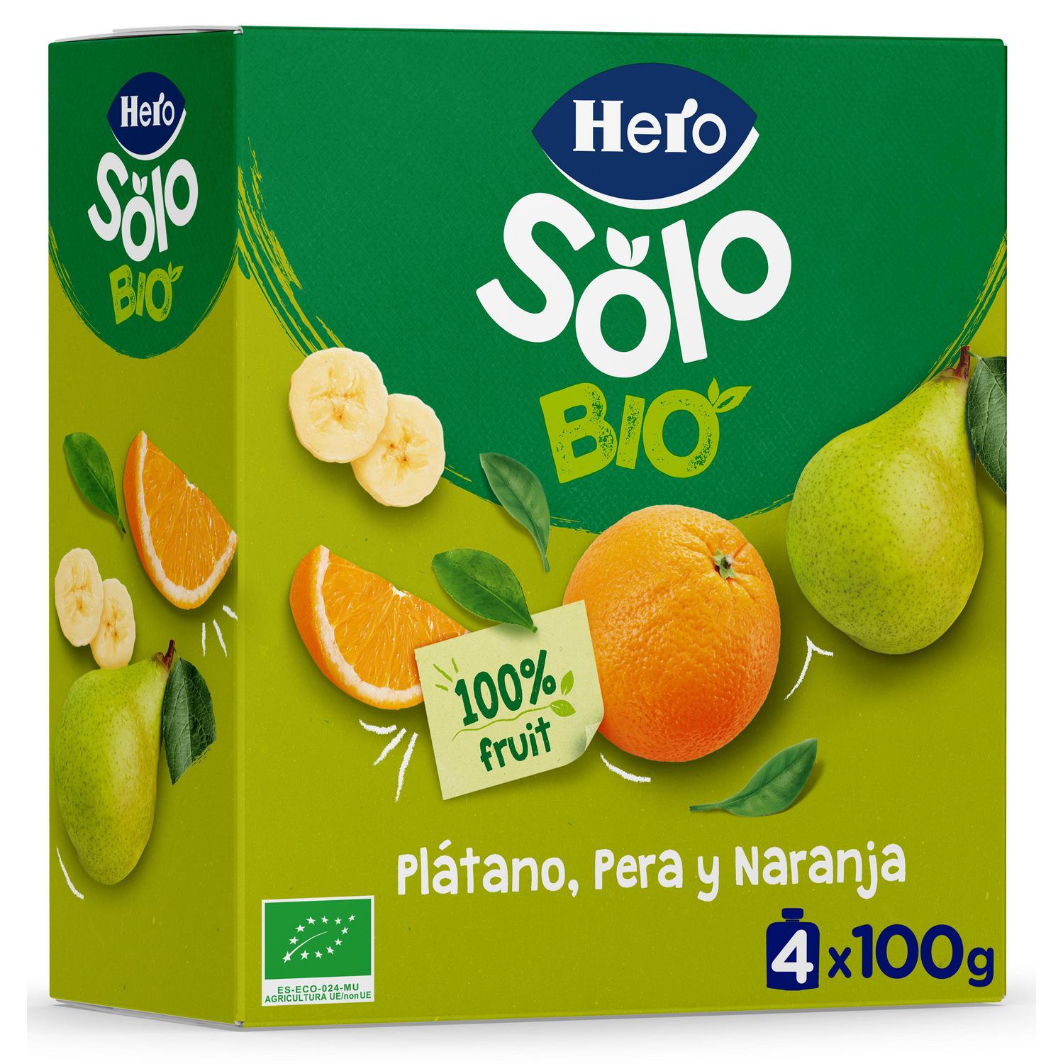 Bolsita de plátano, pera y naranja ecológica Hero Solo sin gluten pack 4 unidades de 100 g.