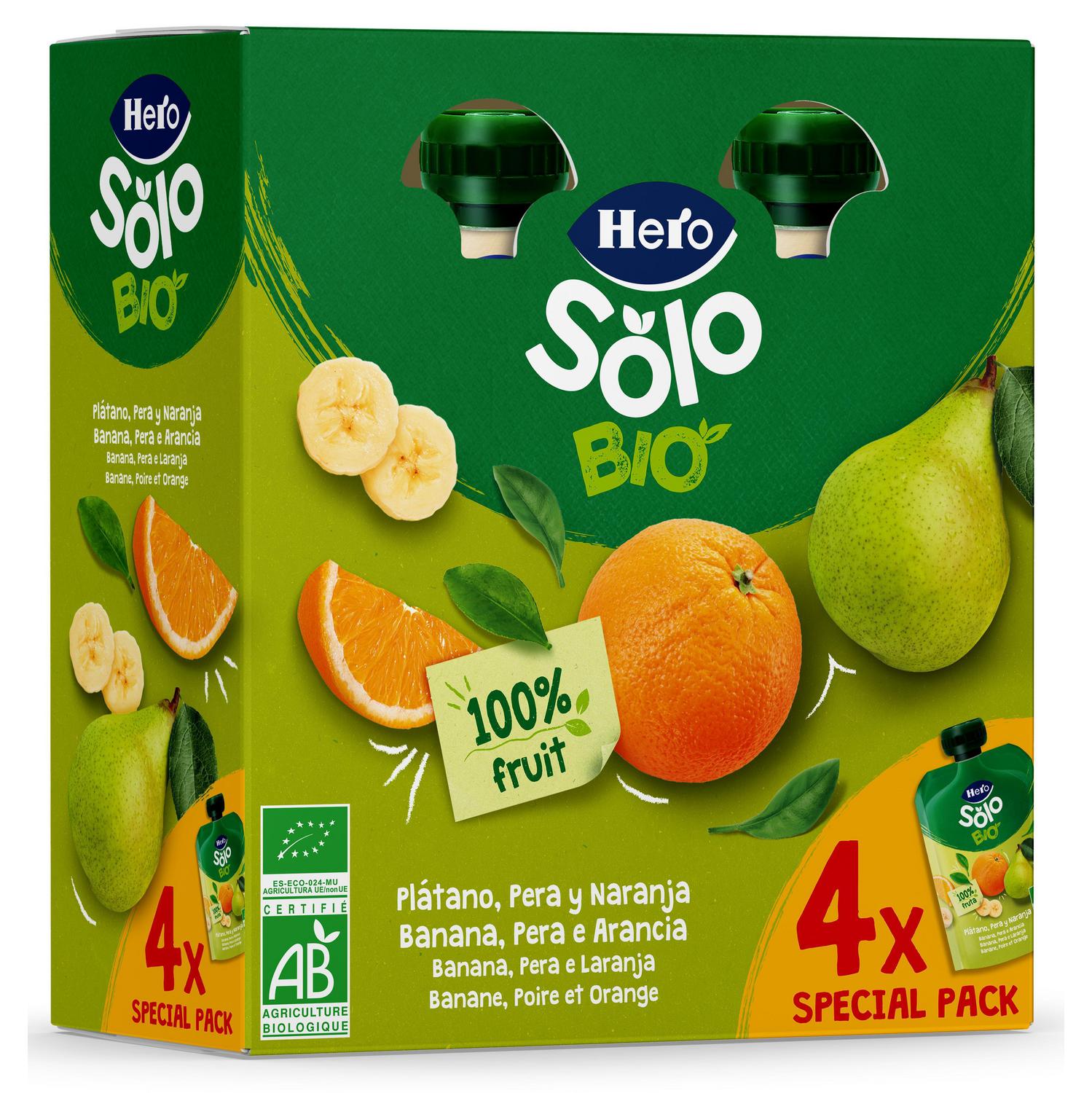 Bolsita de plátano, pera y naranja ecológica Hero Solo sin gluten pack 4 unidades de 100 g.