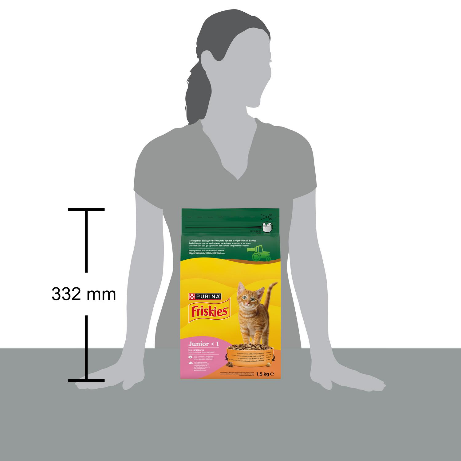 Pienso de pollo y pavo con verduras y leche para gato junior Purina Friskies 1,5 Kg.