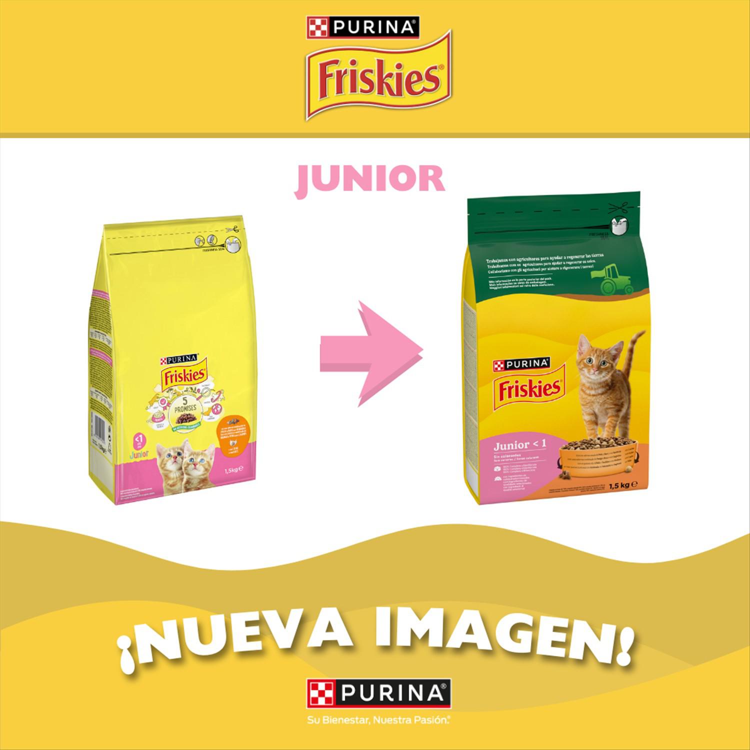 Pienso de pollo y pavo con verduras y leche para gato junior Purina Friskies 1,5 Kg.