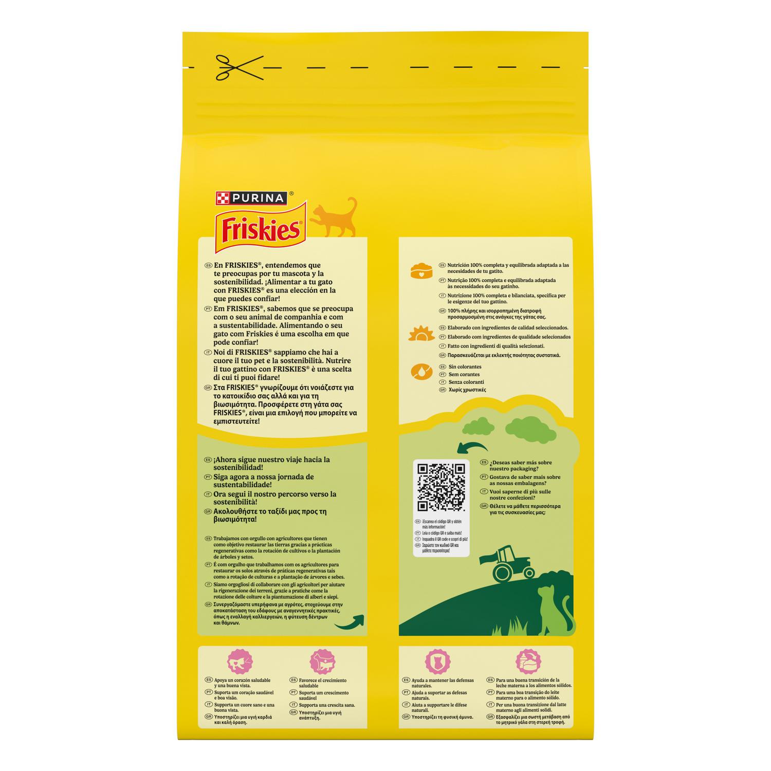 Pienso de pollo y pavo con verduras y leche para gato junior Purina Friskies 1,5 Kg.