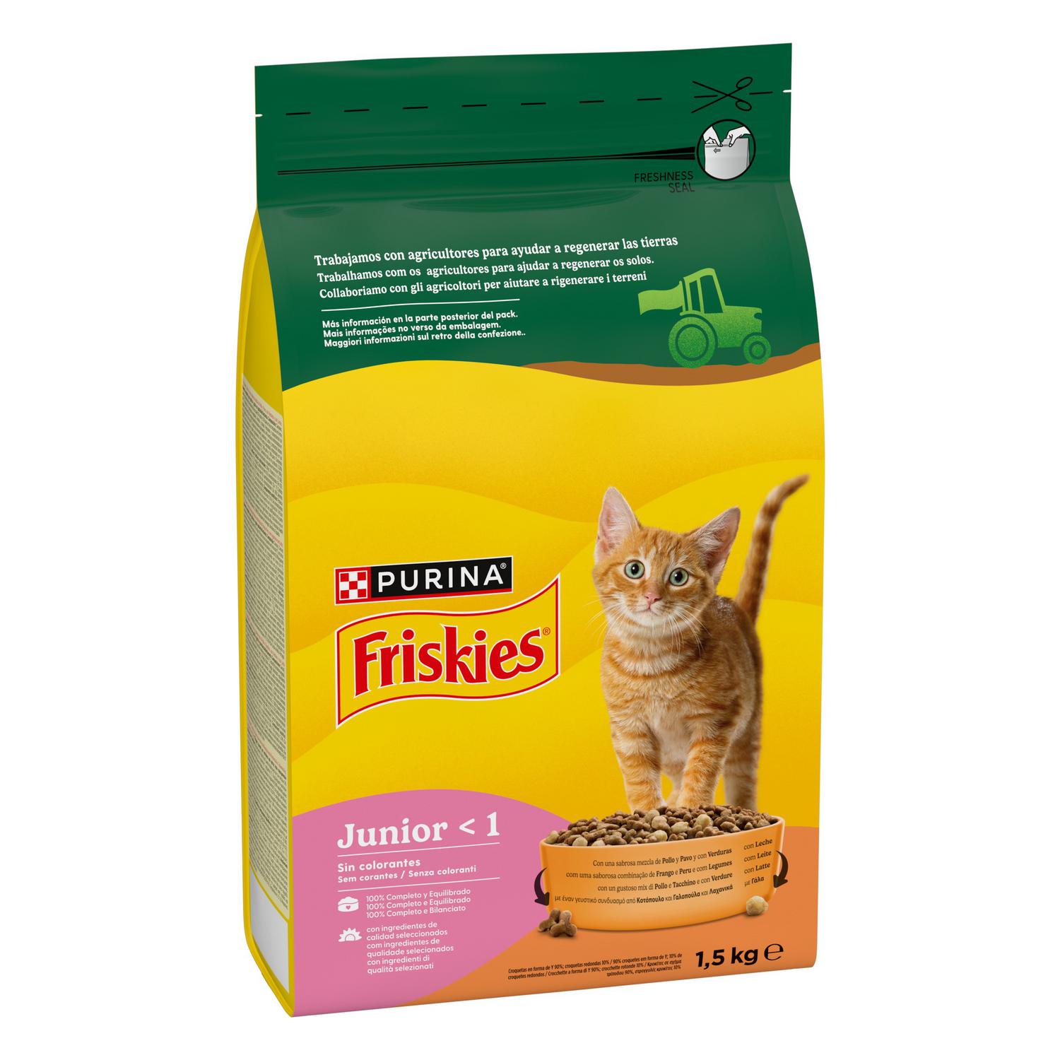 Pienso de pollo y pavo con verduras y leche para gato junior Purina Friskies 1,5 Kg.