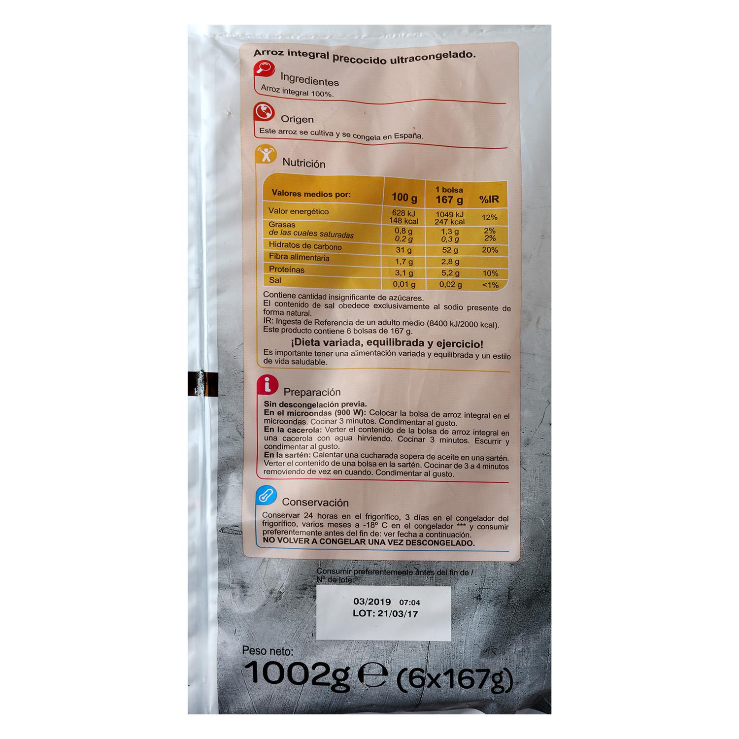 Arroz integral Carrefour pack de 6 unidades de 167 g.