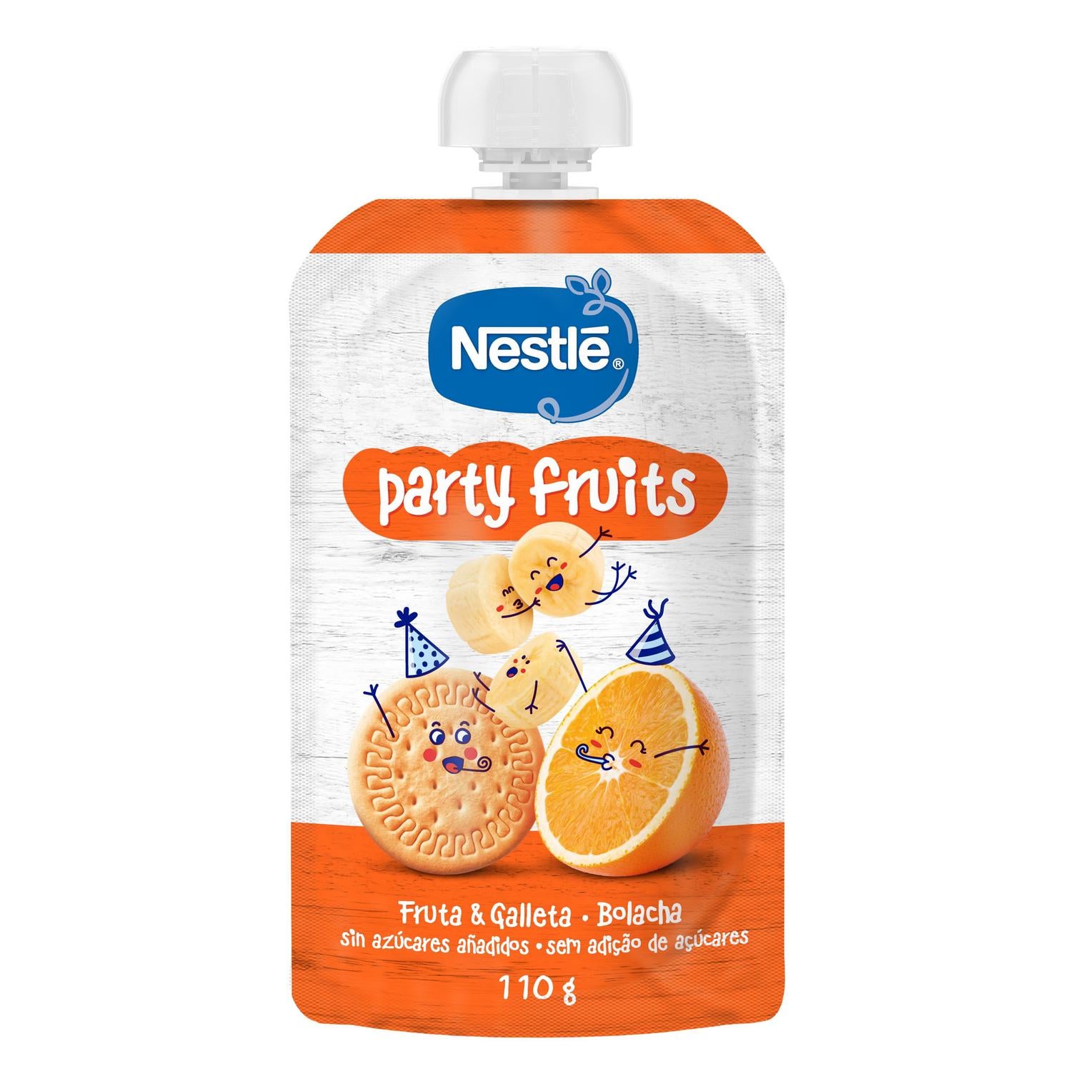 Bolsita de fruta y galleta Nestlé Party Fruits sin azúcar añadido 110 g.