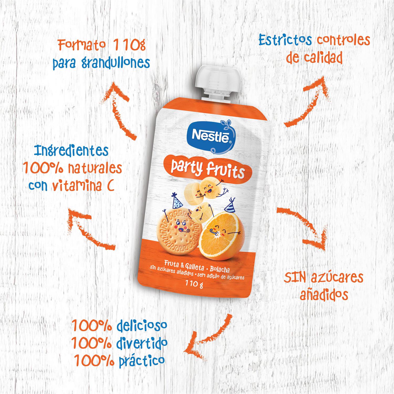 Bolsita de fruta y galleta Nestlé Party Fruits sin azúcar añadido 110 g.