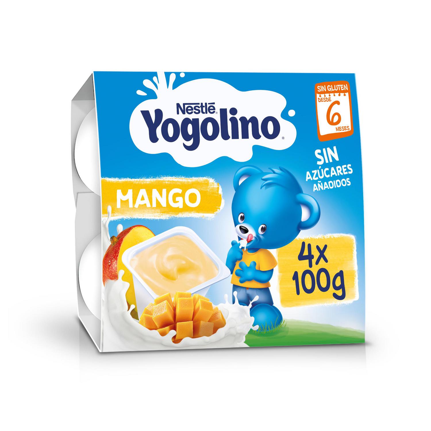 Postre lácteo mango desde 6 meses Nestlé Yogolino sin gluten y sin azúcar añadido pack de 4 unidades de 100 g.