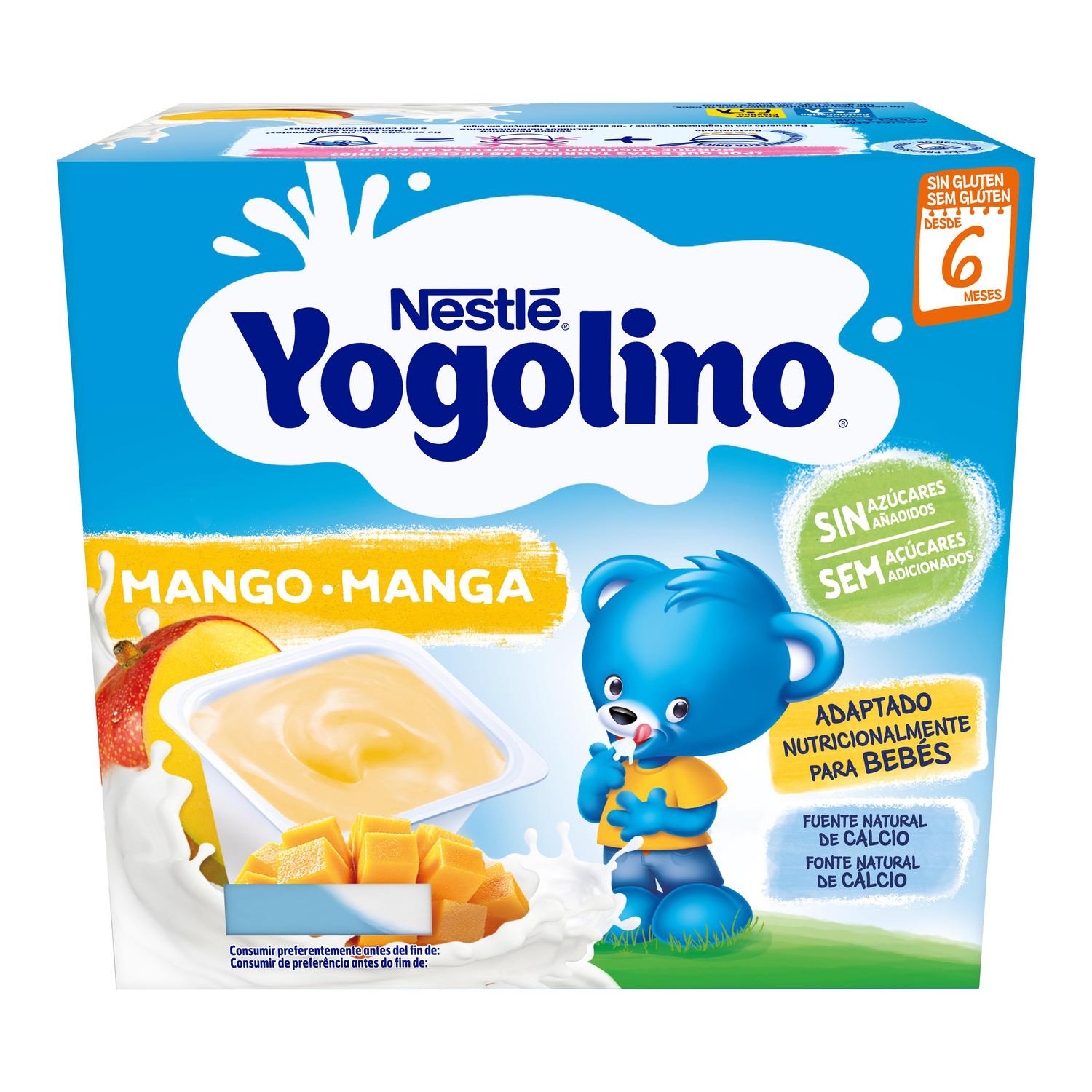 Postre lácteo mango desde 6 meses Nestlé Yogolino sin gluten y sin azúcar añadido pack de 4 unidades de 100 g.