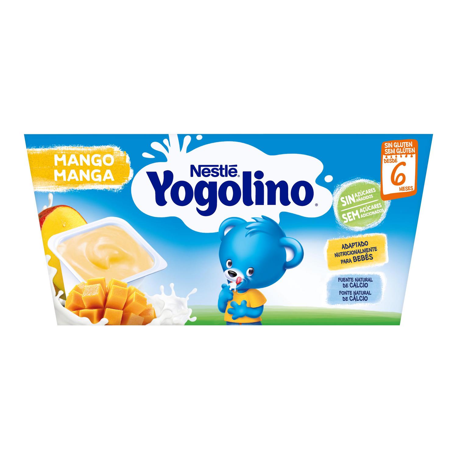 Postre lácteo mango desde 6 meses Nestlé Yogolino sin gluten y sin azúcar añadido pack de 4 unidades de 100 g.