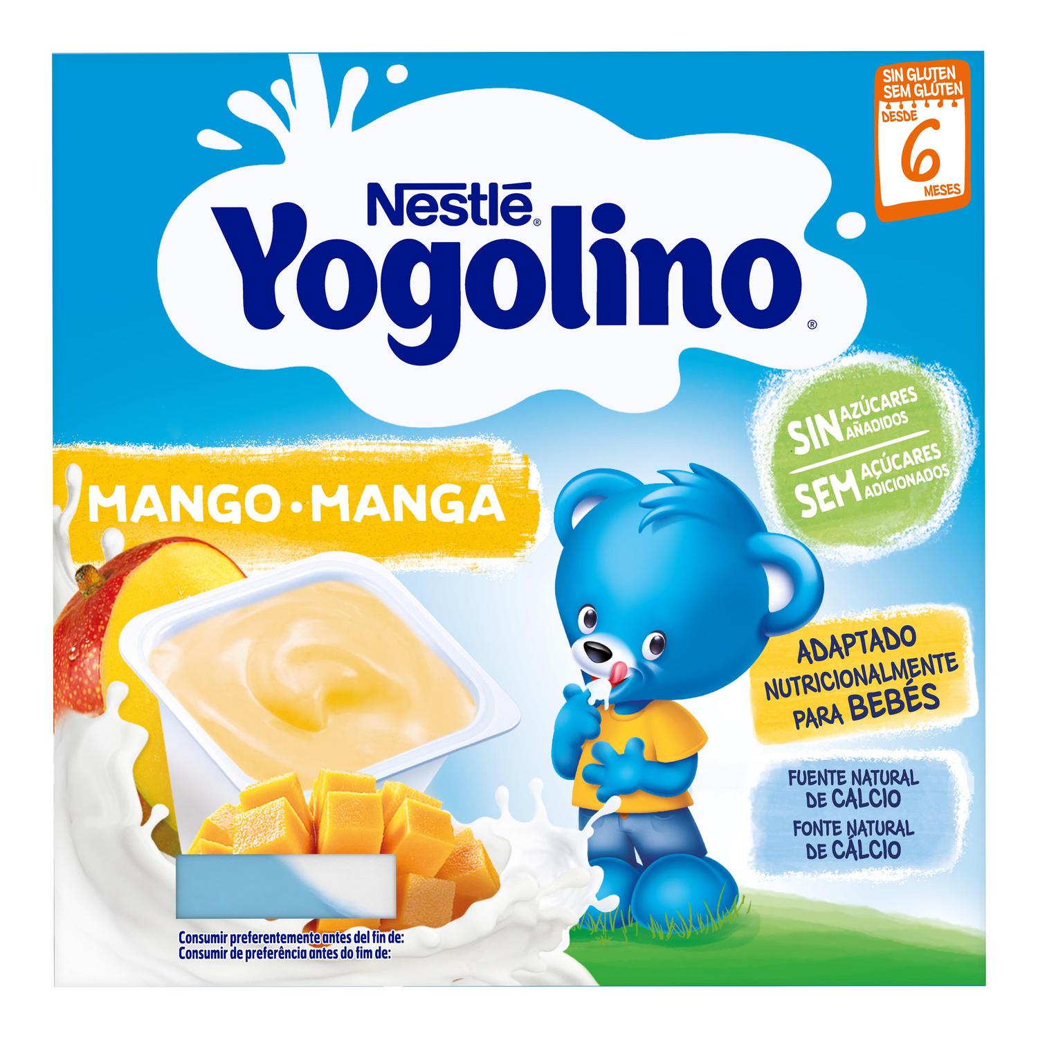 Postre lácteo mango desde 6 meses Nestlé Yogolino sin gluten y sin azúcar añadido pack de 4 unidades de 100 g.
