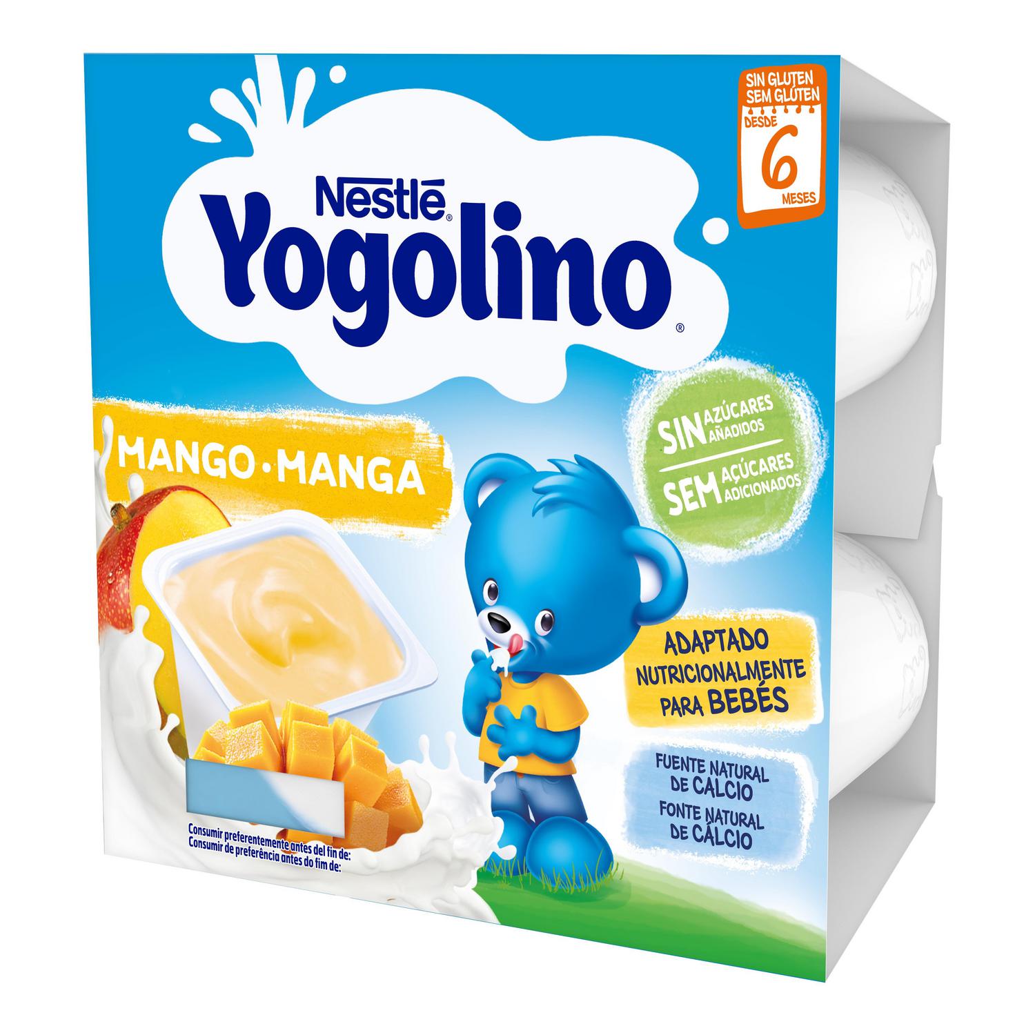 Postre lácteo mango desde 6 meses Nestlé Yogolino sin gluten y sin azúcar añadido pack de 4 unidades de 100 g.
