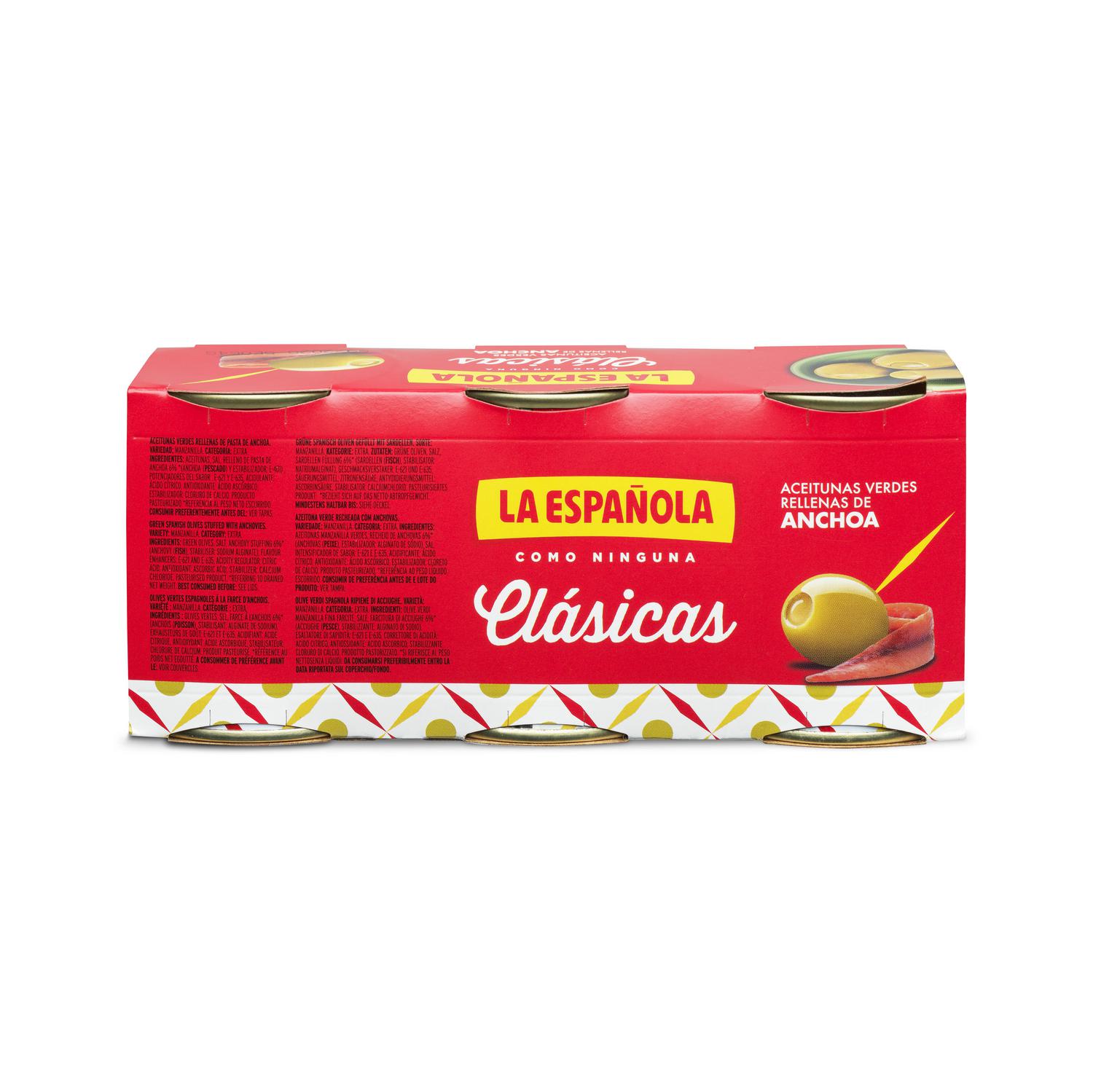 Aceitunas verdes rellenas de anchoa La Española sin gluten 3 pack de 50 g.
