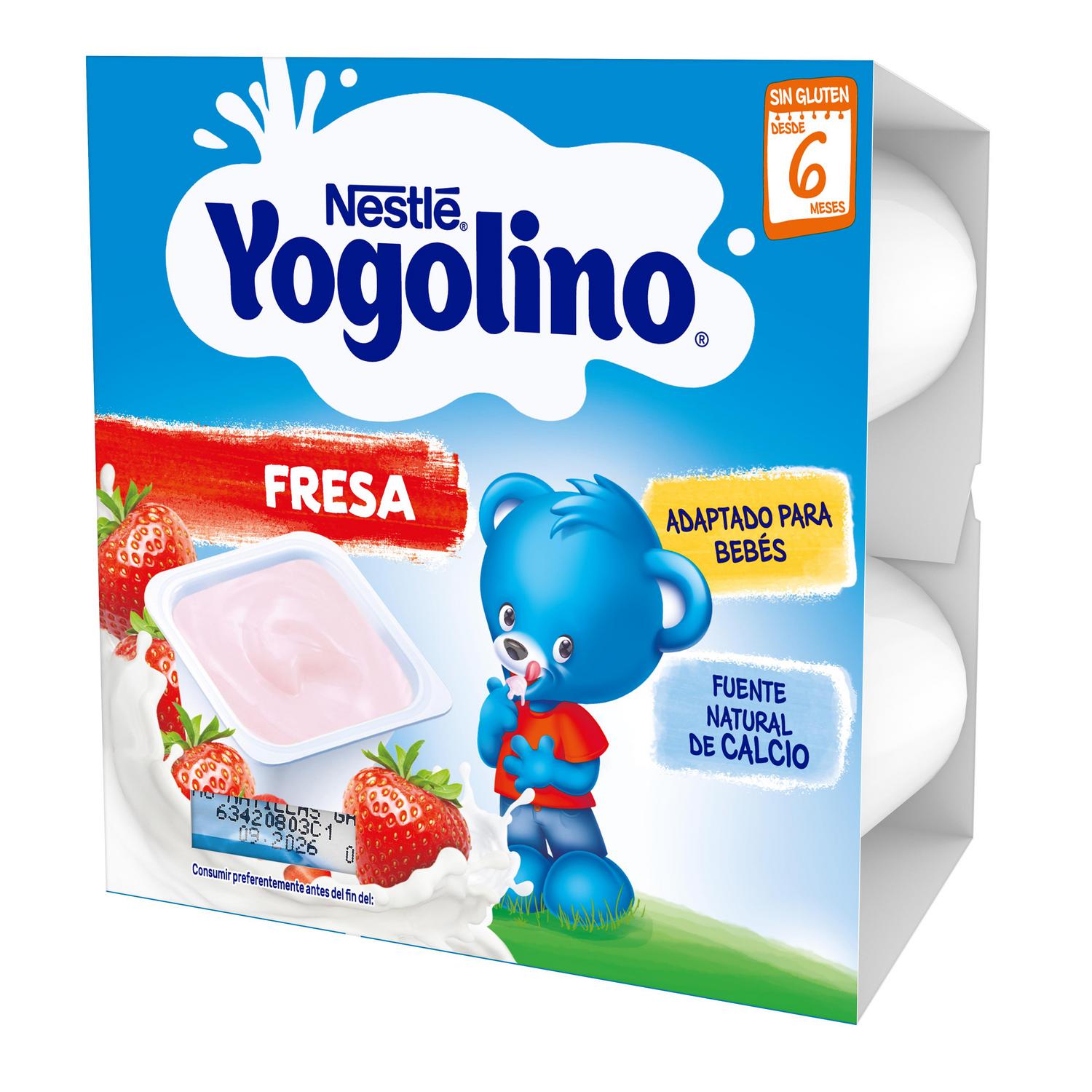 Postre lácteo fresa desde 8 meses Nestlé Yogolino sin gluten pack de 4 unidades de 100 g.