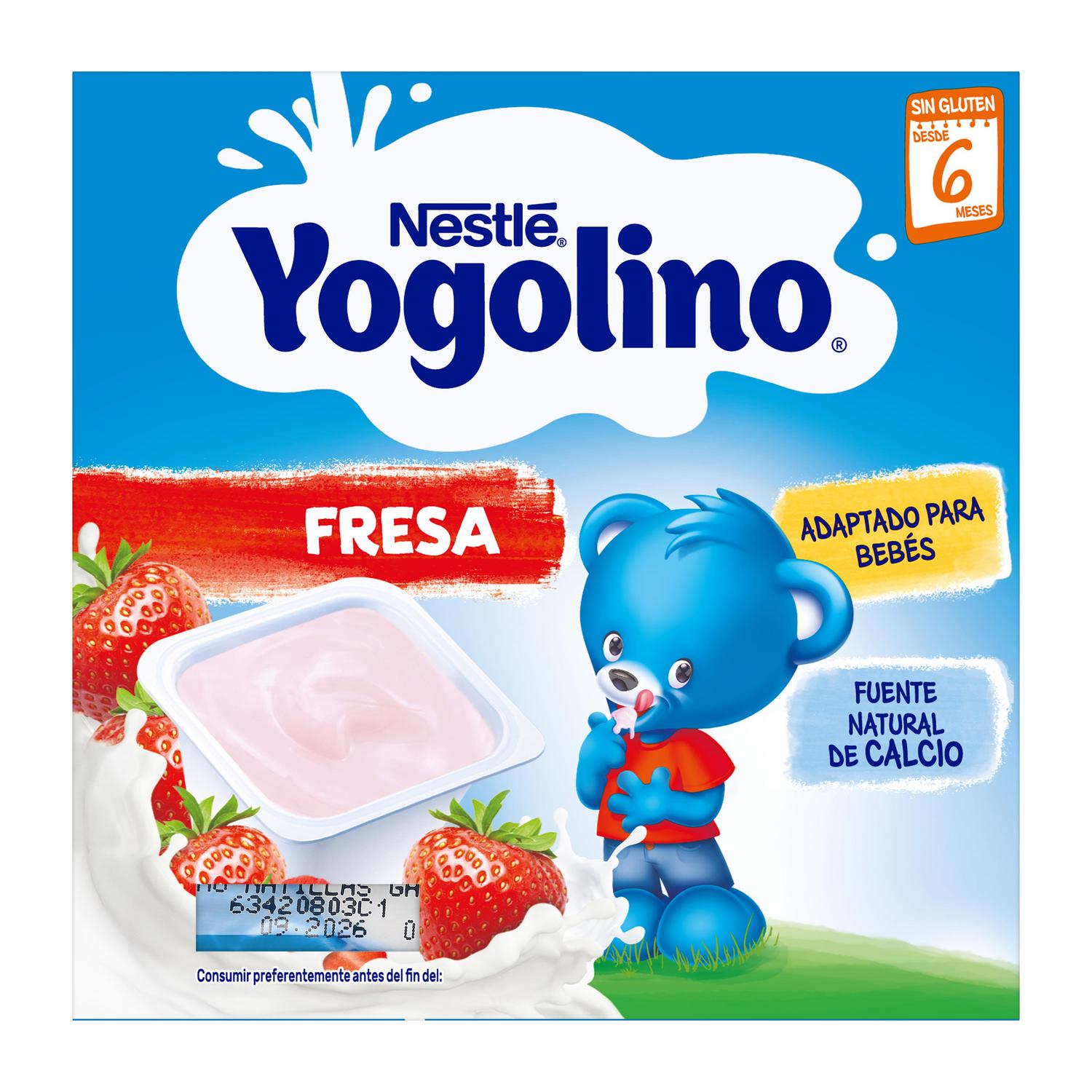 Postre lácteo fresa desde 8 meses Nestlé Yogolino sin gluten pack de 4 unidades de 100 g.