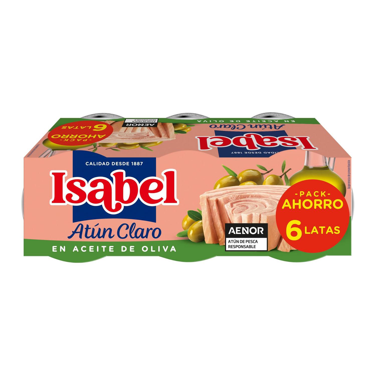 Atún claro en aceite de oliva Isabel pack de 6 latas de 52 g.