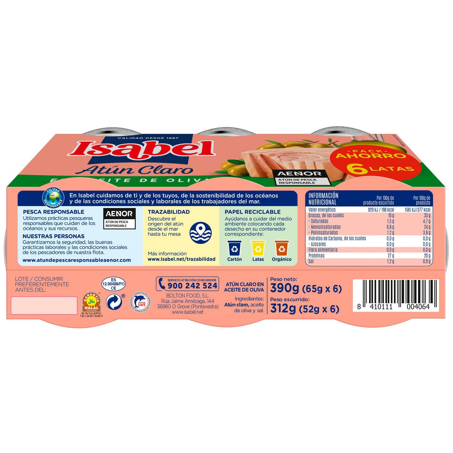 Atún claro en aceite de oliva Isabel pack de 6 latas de 52 g.