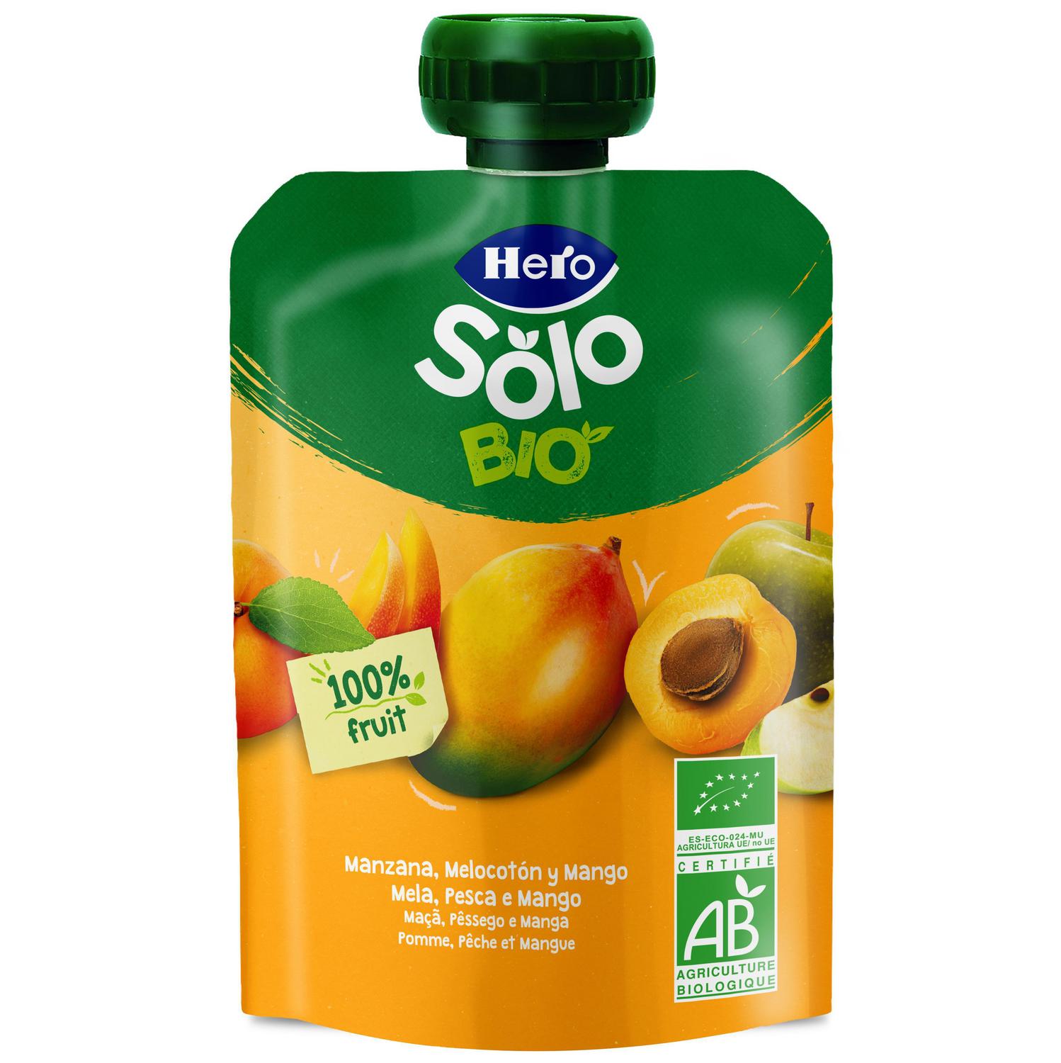 Bolsita de manzana, melocotón y plátano desde 4 meses ecológico Hero Solo sin gluten 100 g.