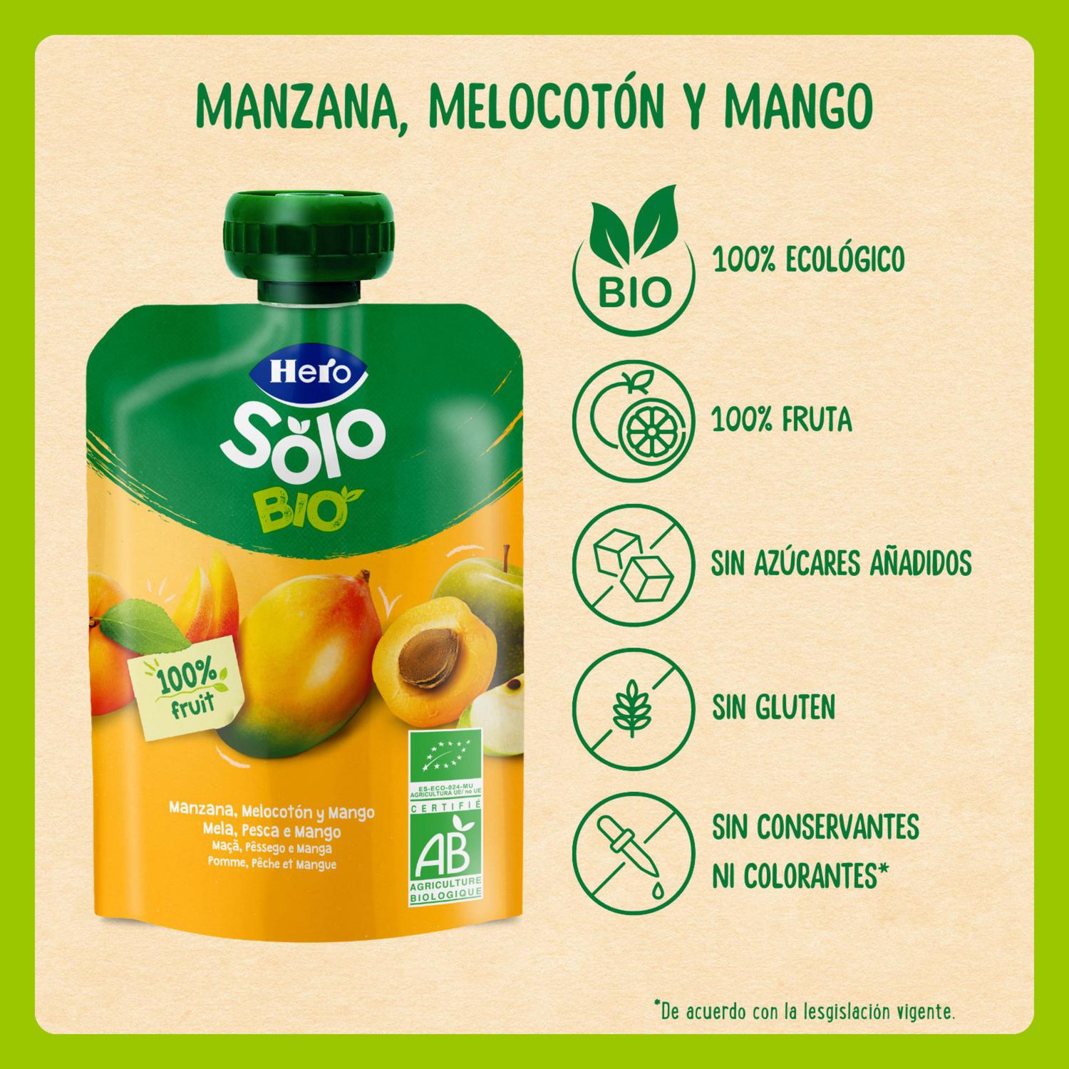 Bolsita de manzana, melocotón y plátano desde 4 meses ecológico Hero Solo sin gluten 100 g.