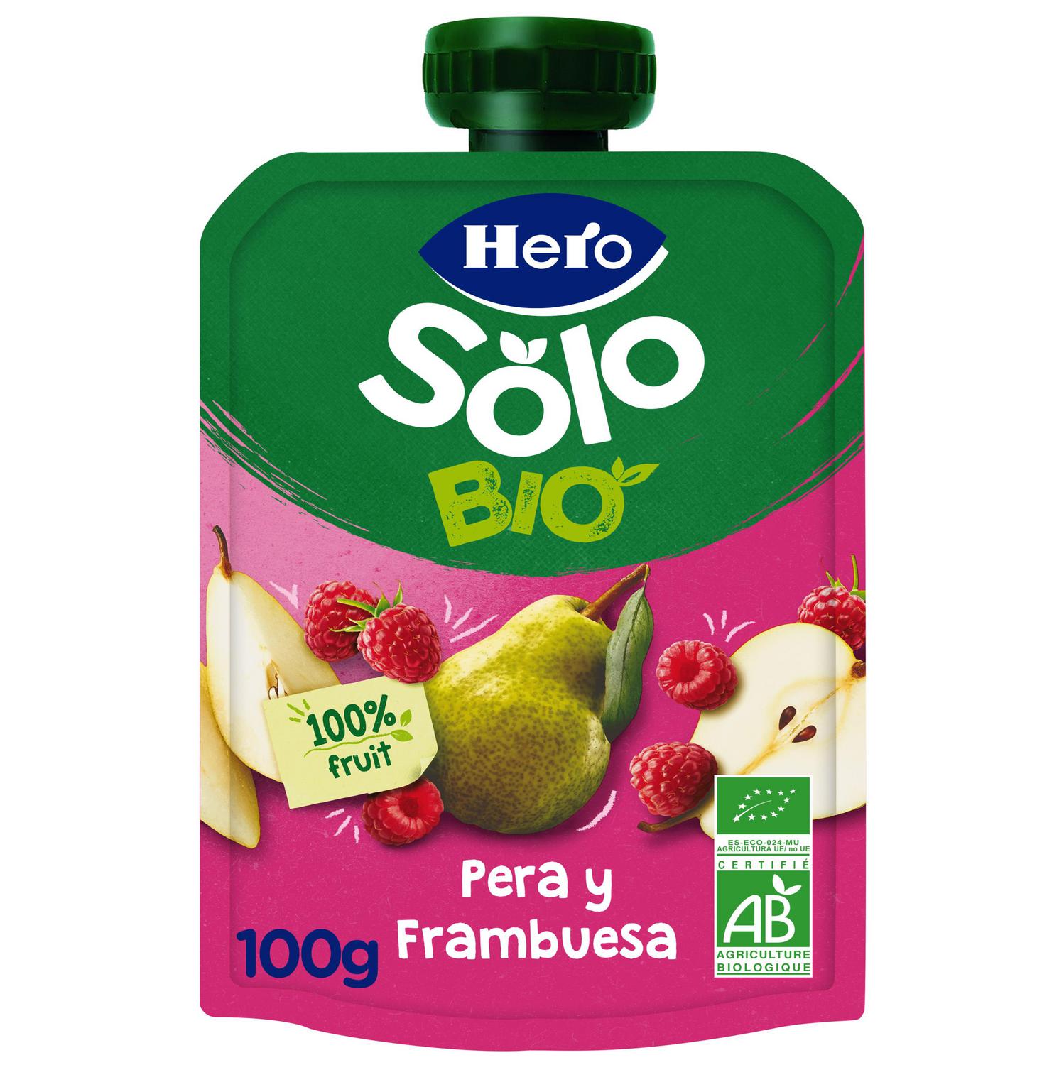 Bolsita de pera y frambuesa desde 4 meses ecológico Hero Solo sin gluten y sin azúcar añadido 100 g.