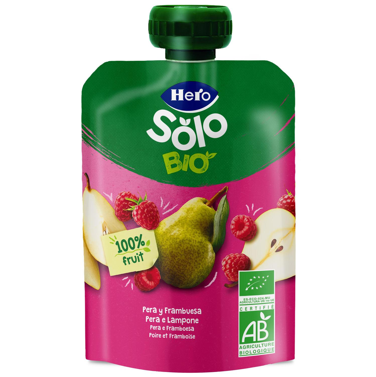 Bolsita de pera y frambuesa desde 4 meses ecológico Hero Solo sin gluten y sin azúcar añadido 100 g.